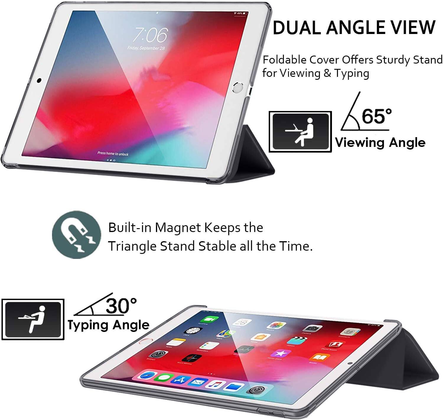 7:06 Friday, September 28

DUAL ANGLE VIEW
Foldable Cover Offers Sturdy Stand for Viewing & Typing

Press home to unlock

65° Viewing Angle

Built-in Magnet Keeps the Triangle Stand Stable all the Time.

30° Typing Angle