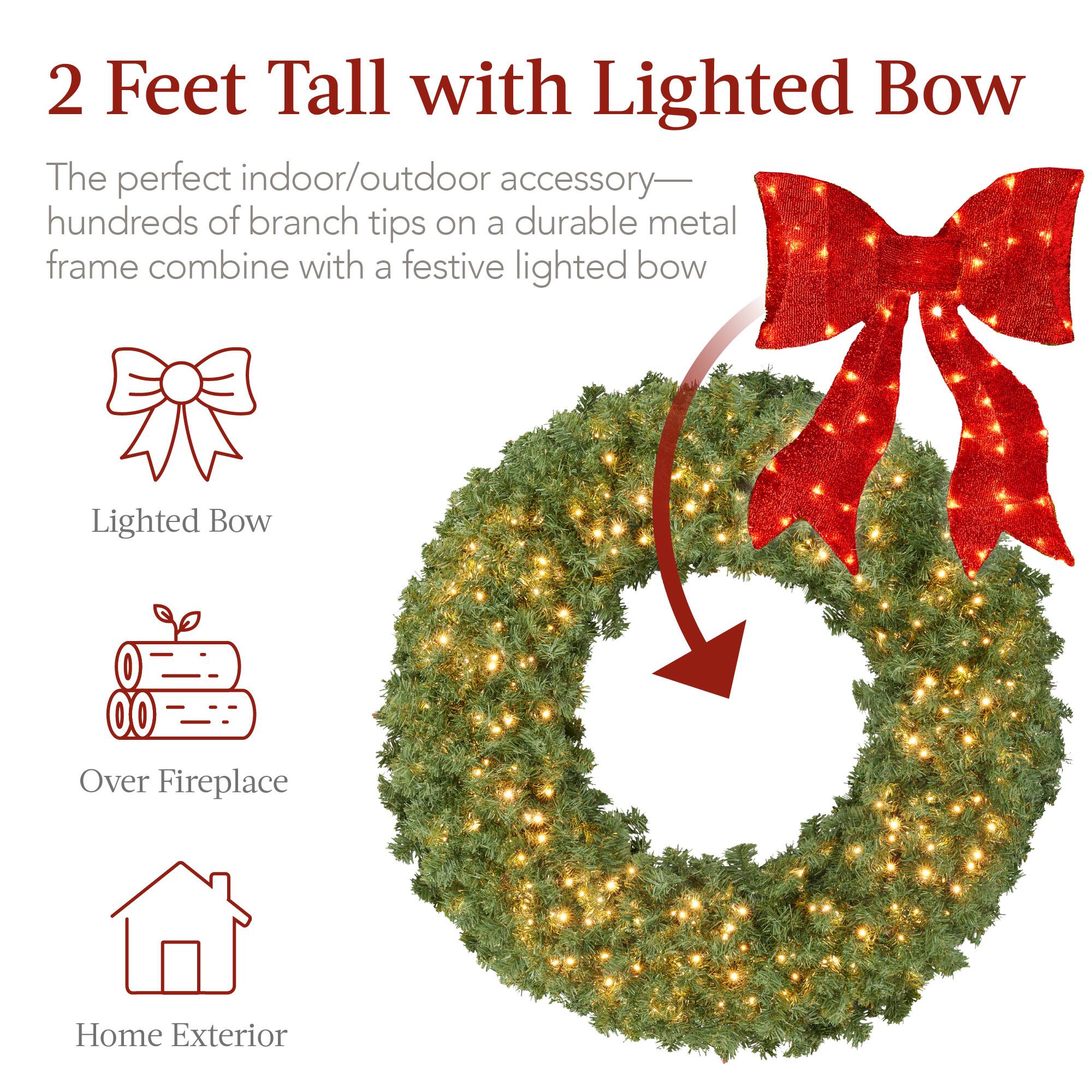 2 Feet Tall with Lighted Bow

The perfect indoor/outdoor accessory—hundreds of branch tips on a durable metal frame combine with a festive lighted bow

- Lighted Bow
- Over Fireplace
- Home Exterior