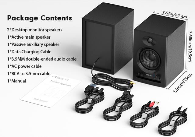 Package Contents

2*Desktop monitor speakers  
1*Active main speaker  
1*Passive auxiliary speaker  
1*Data Charging Cable  
1*3.5MM double-ended audio cable  
1*AC power cable  
1*RCA to 3.5mm cable  
1*Manual  

Monitor Speakers User Manual  

Dimensions:  
- 5.12inch/13cm  
- 7.68inch/19.5cm  
- 5.9inch/15cm