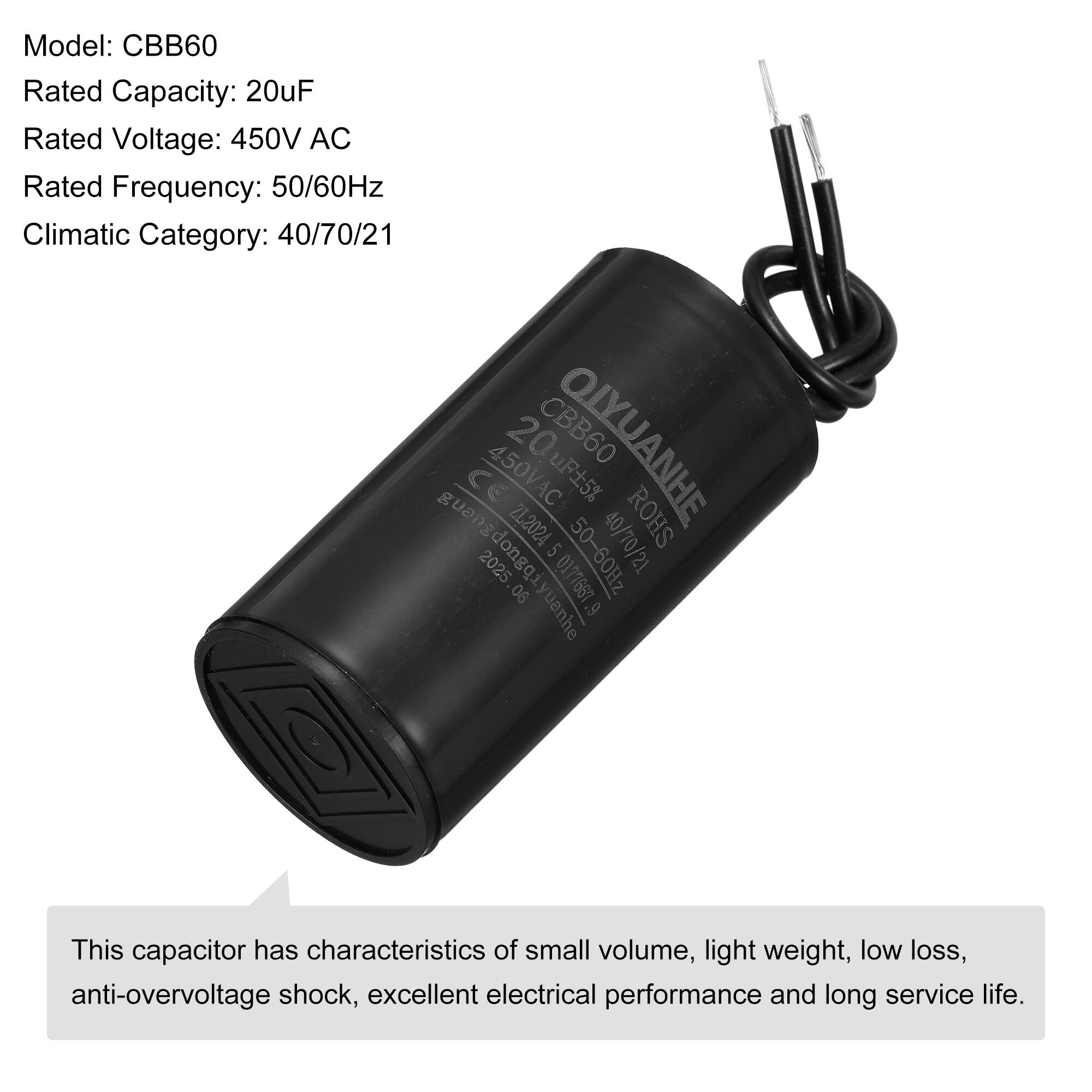 Model: CBB60  
Rated Capacity: 20uF  
Rated Voltage: 450V AC  
Rated Frequency: 50/60Hz  
Climatic Category: 40/70/21  

CBB60 OIYUANHE 450VAC 20uF 5% ZL,2024 5 40/70/21 ROHS 2025 dongqiyuanhe 90 199LCTO 50-60Hz yuanhe 9  

This capacitor has characteristics of small volume, light weight, low loss, anti-overvoltage shock, excellent electrical performance and long service life.