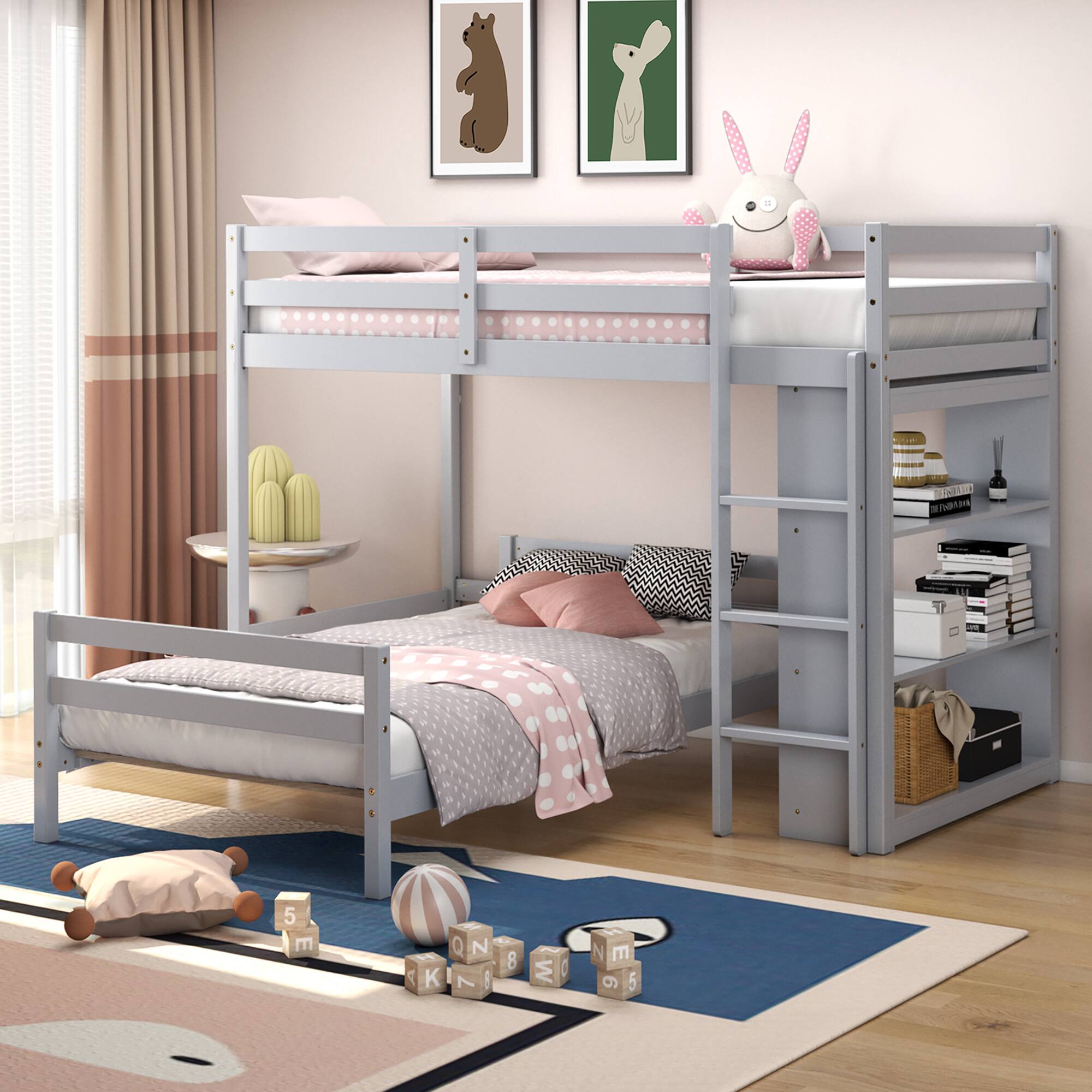 Alt View 1. Costway - Costway Twin Over Twin Loft Bunk Bed Wood w/Bookcase Guardrail Ladder Kids Bedroom - Grey.