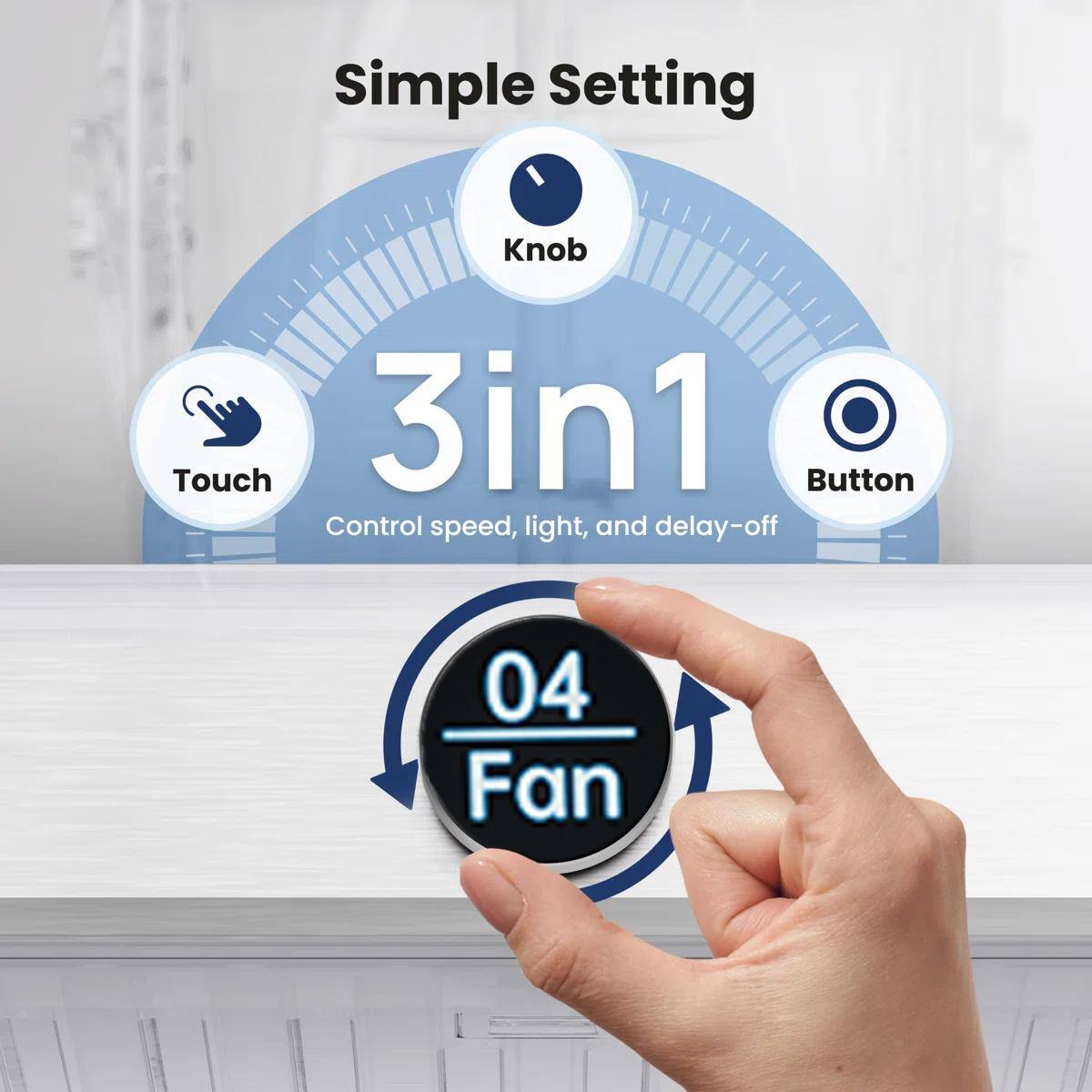 Simple Setting  
Knob  
3in1  
Touch Button  
Control speed, light, and delay-off  
04 Fan