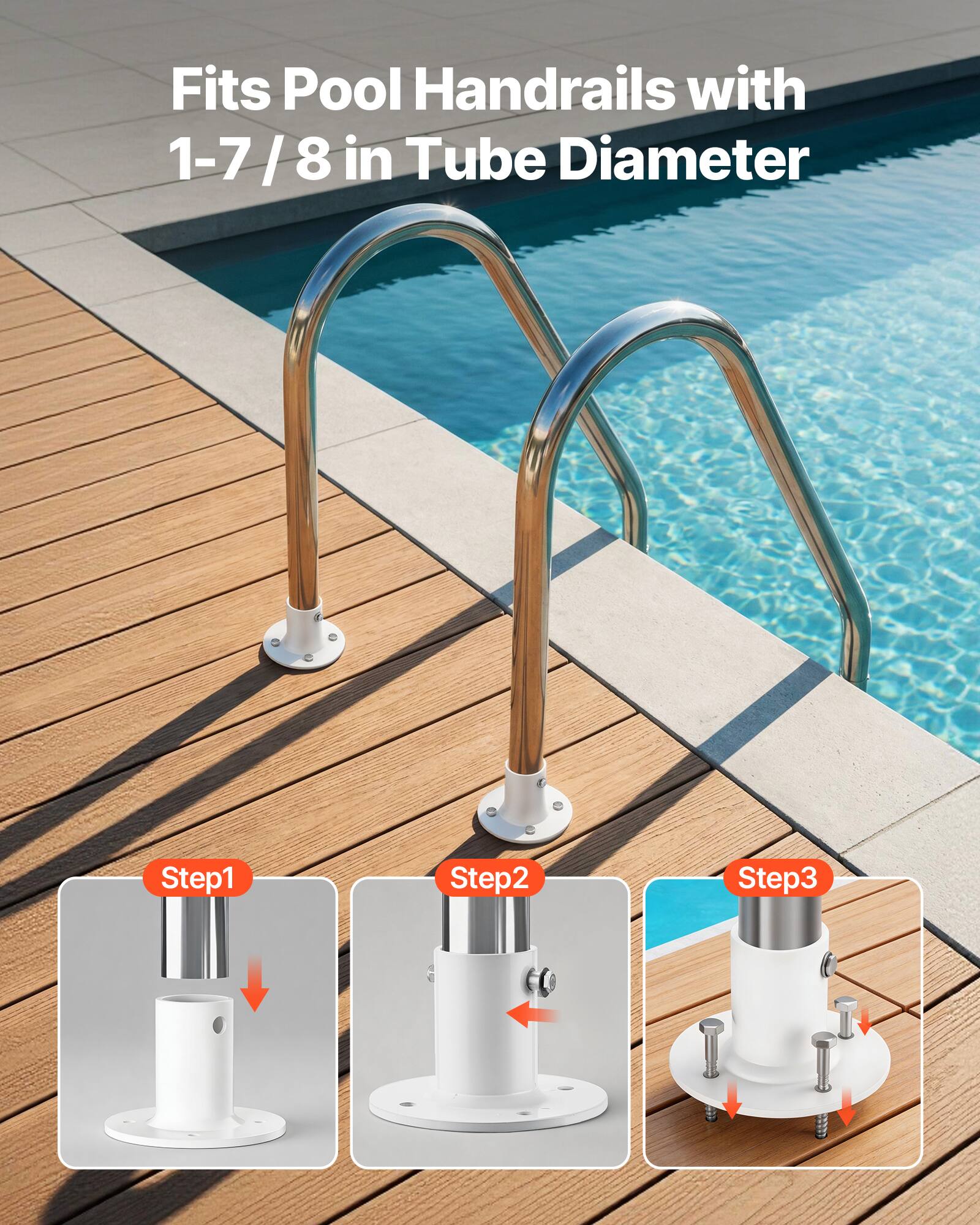 Fits Pool Handrails with 1-7/8 in Tube Diameter

Step 1
Step 2
Step 3