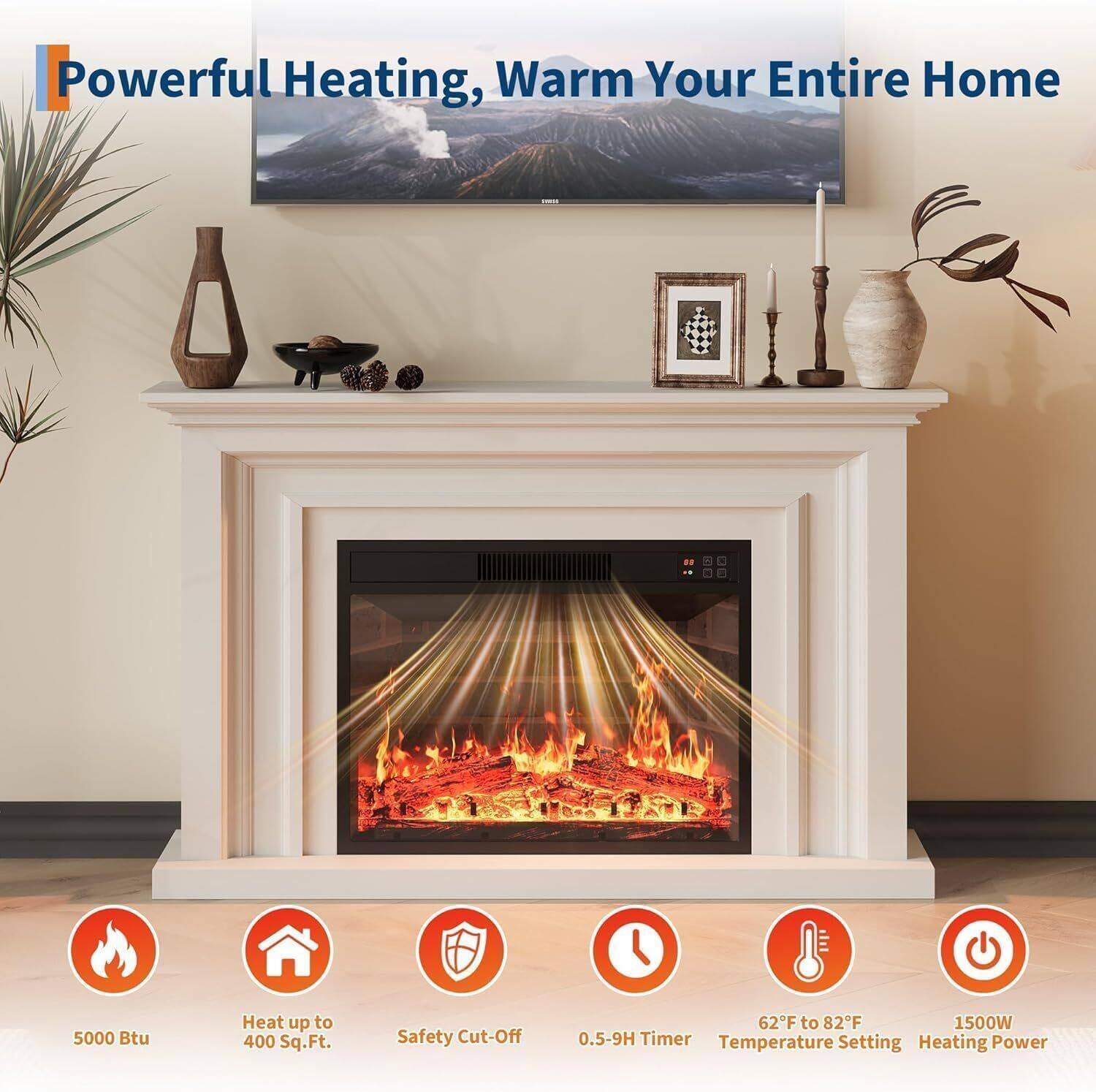 Powerful Heating, Warm Your Entire Home

- 5000 Btu
- Heat up to 400 Sq.Ft.
- Safety Cut-Off 62°F to 82°F
- 0.5-9H Timer
- Temperature Setting
- 1500W Heating Power