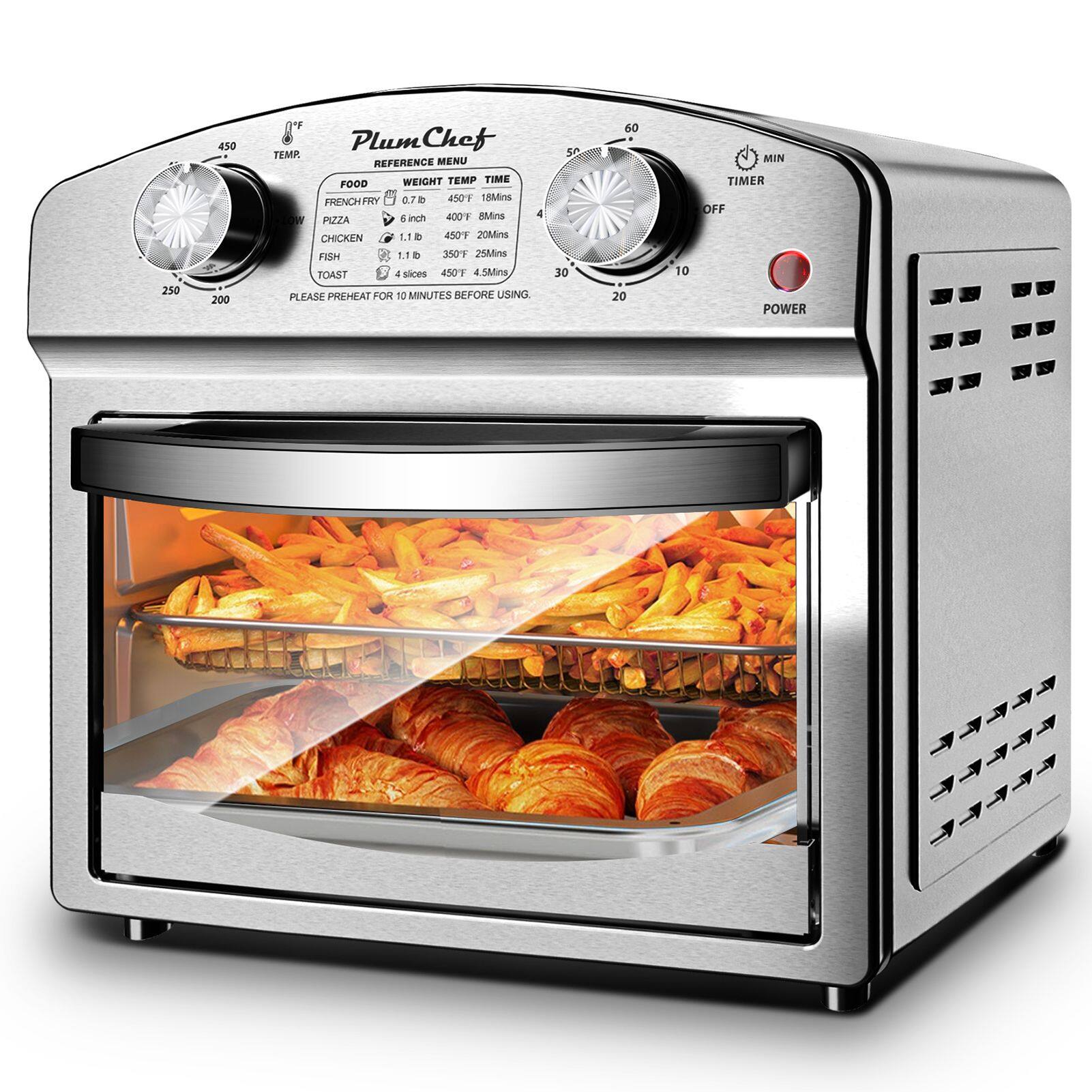 250 450 200 Plum Chef TEMP REFERENCE MENU WEIGHT TEMP TIME FOOD  
0.7 in 450 18 Mins FRENCH FRY  
6 inch PIZZA 400 8 Mins  
1.1 lb CHICKEN 450 20 Mins  
1.1 lb FISH 350 25 Mins  
4 slices TOAST 450 4.5 Mins  
PLEASE PREHEAT FOR 10 MINUTES BEFORE USING  
50 30 20 10 MIN TIMER OFF POWER