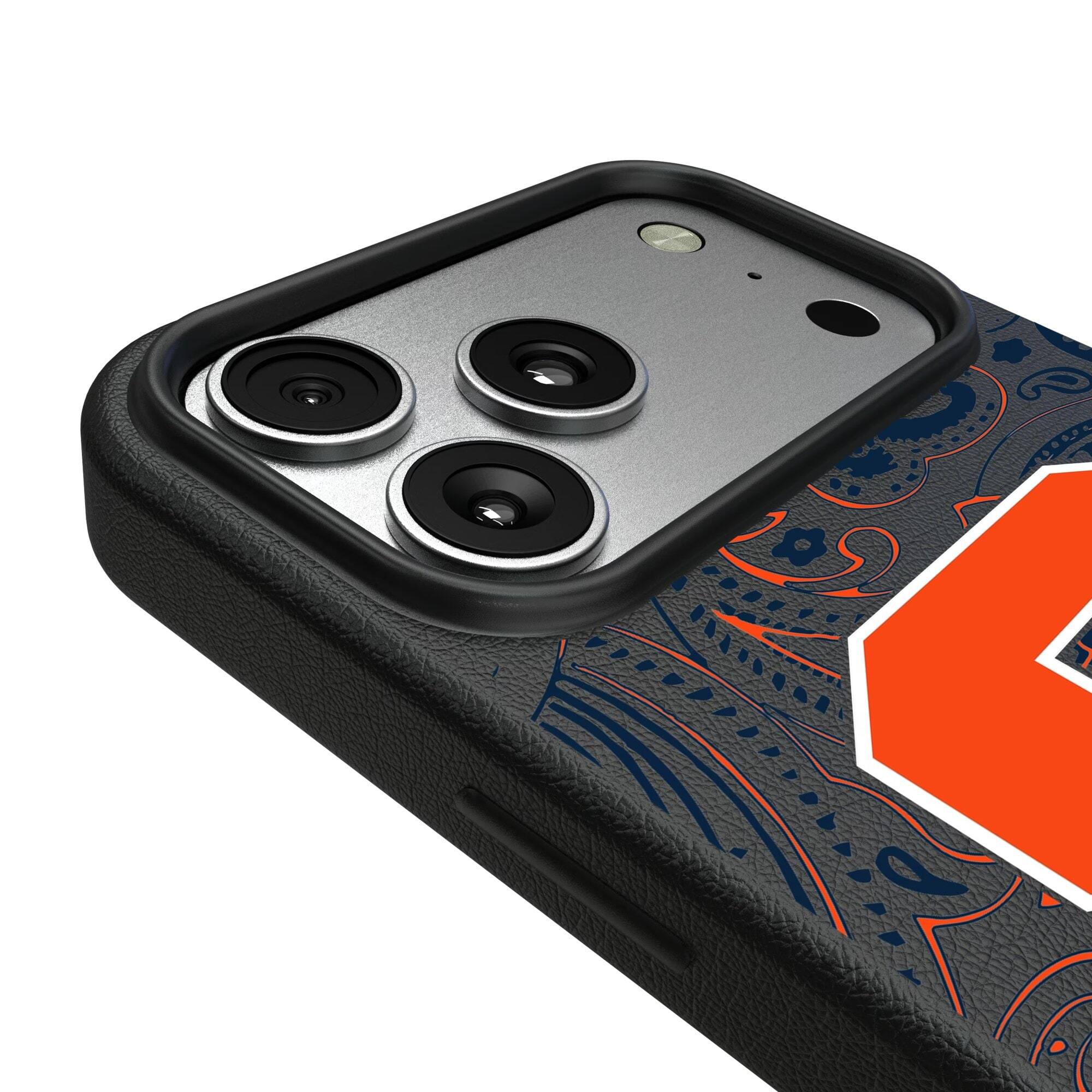 Alt View 2. Keyscaper - Syracuse Orange Paisley iPhone Magnetic Bump Case - 16 Pro Max - Black.