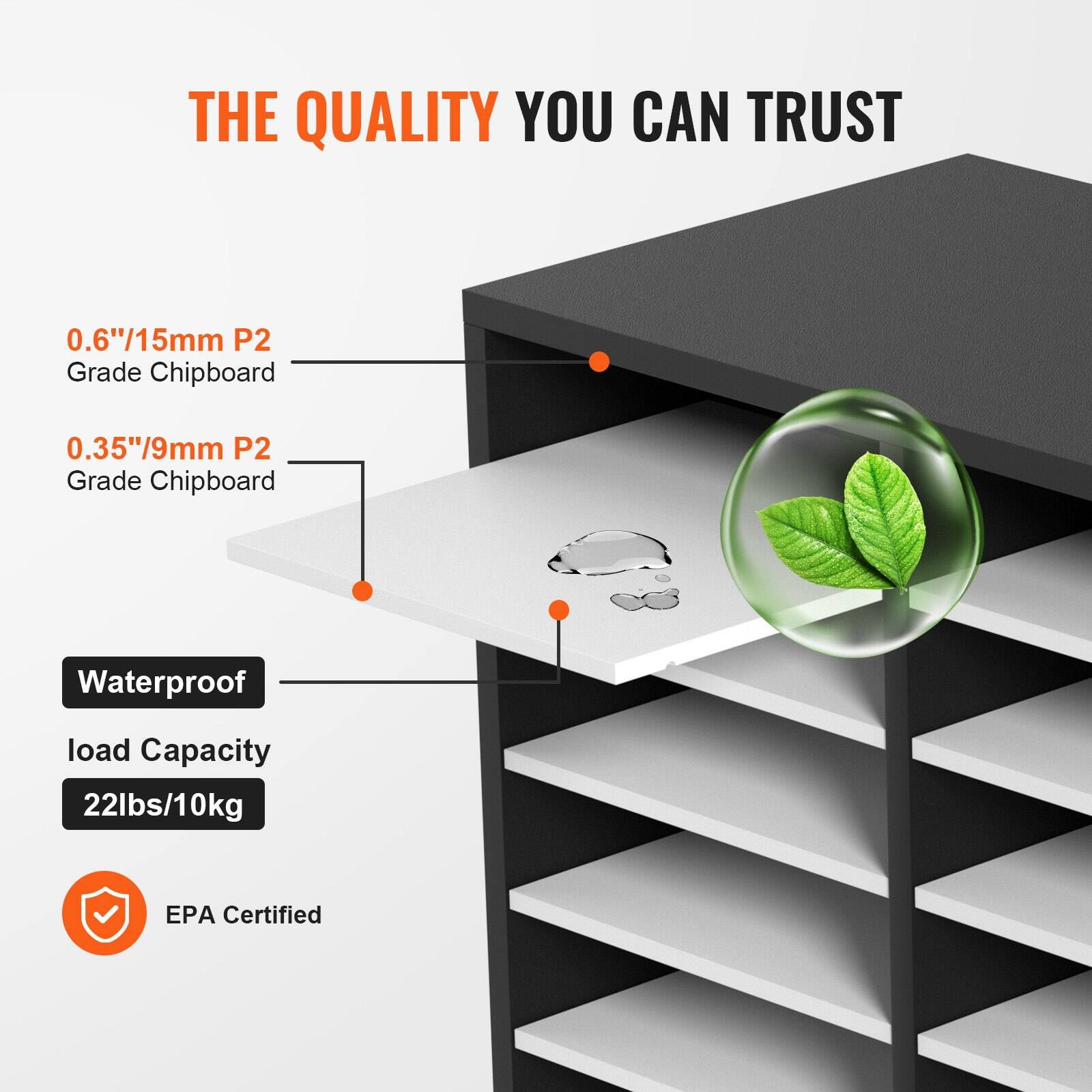 THE QUALITY YOU CAN TRUST

0.6"/15mm P2 Grade Chipboard  
0.35"/9mm P2 Grade Chipboard  

Waterproof  
Load Capacity 22lbs/10kg  

EPA Certified