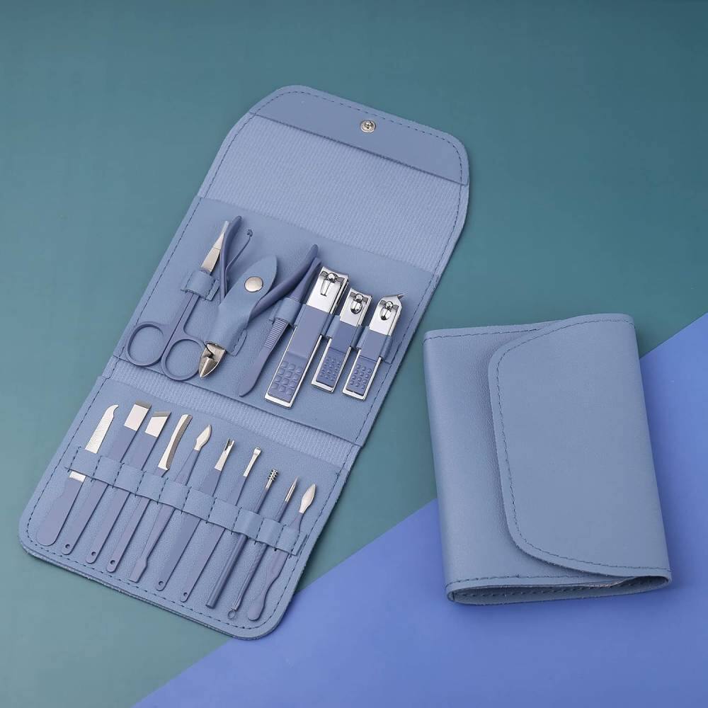 Alt View 1. Beauty Hub Ecommerce - Luxurious Leather Stainless Steel Nail Kit - Blue.