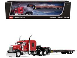 First Gear - Kenworth W900L with 72 AeroCab Sleeper and Landoll 440B50CA Traveling Axle Trailer Viper Red and Black 1/64 - Red