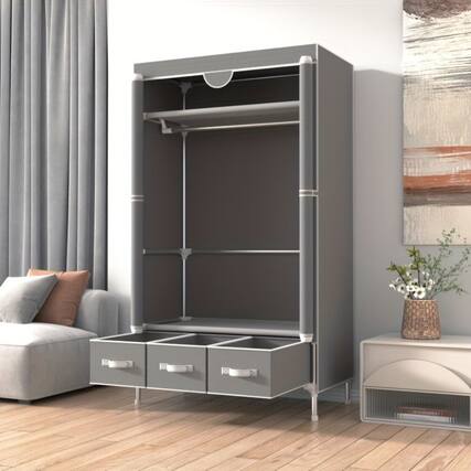 Front. Mirfee - Portable Rolling Door Wardrobe with Hanging Rack & 3 Drawers - No-Tool Assembly, Non-Woven Fabric - 67x35x17 In, Gray - Gray.