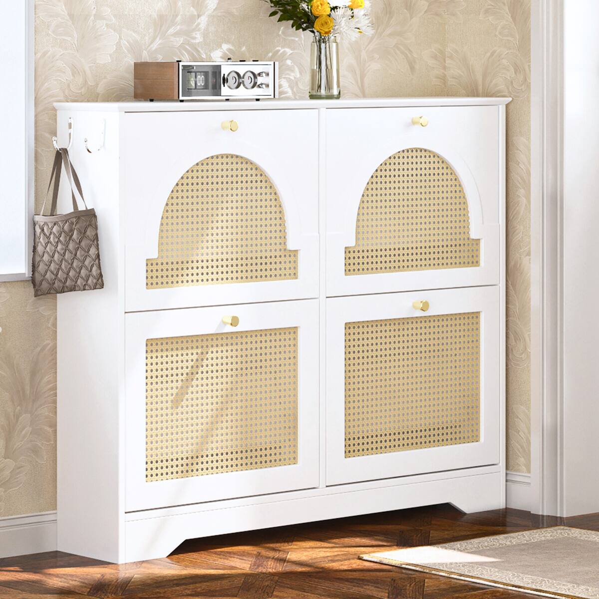 Angle. Spaco - Spaco 4 Flip-Drawers Narrow Shoe Cabinet, Mid-Century, Rattan Doors, 42.1"W Freestanding with 2 Hooks, Hallway Entryway - White.