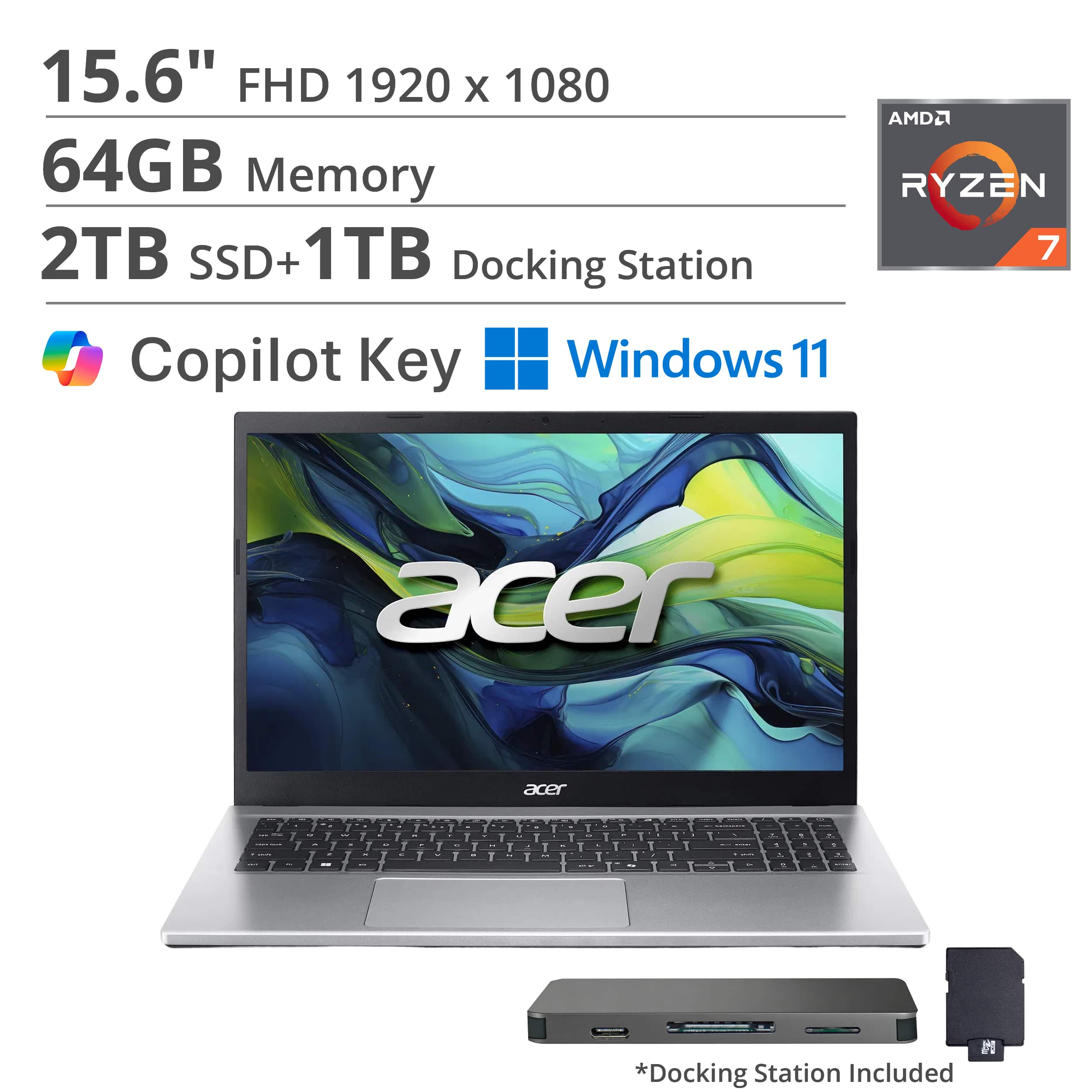 Acer - Aspire Go 15 – 15.6" FHD Laptop – AMD Ryzen 7 7730U 2023 – AMD Radeon Graphics - 64GB DDR4 – 2TB PCIe Storage - Pure Silver