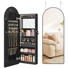 Songmics Home - Wide Jewelry Organizer, LED Jewelry Cabinet Wall/Door Mounted, Arched Mirror with Storage, Lockable, Rounded Corner - Ink Black