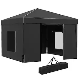 Outsunny - 9.7' x 9.7' Pop Up Canopy with Sidewalls, Portable Canopy Tent with 2 Mesh Windows, Reflective Strips - Black