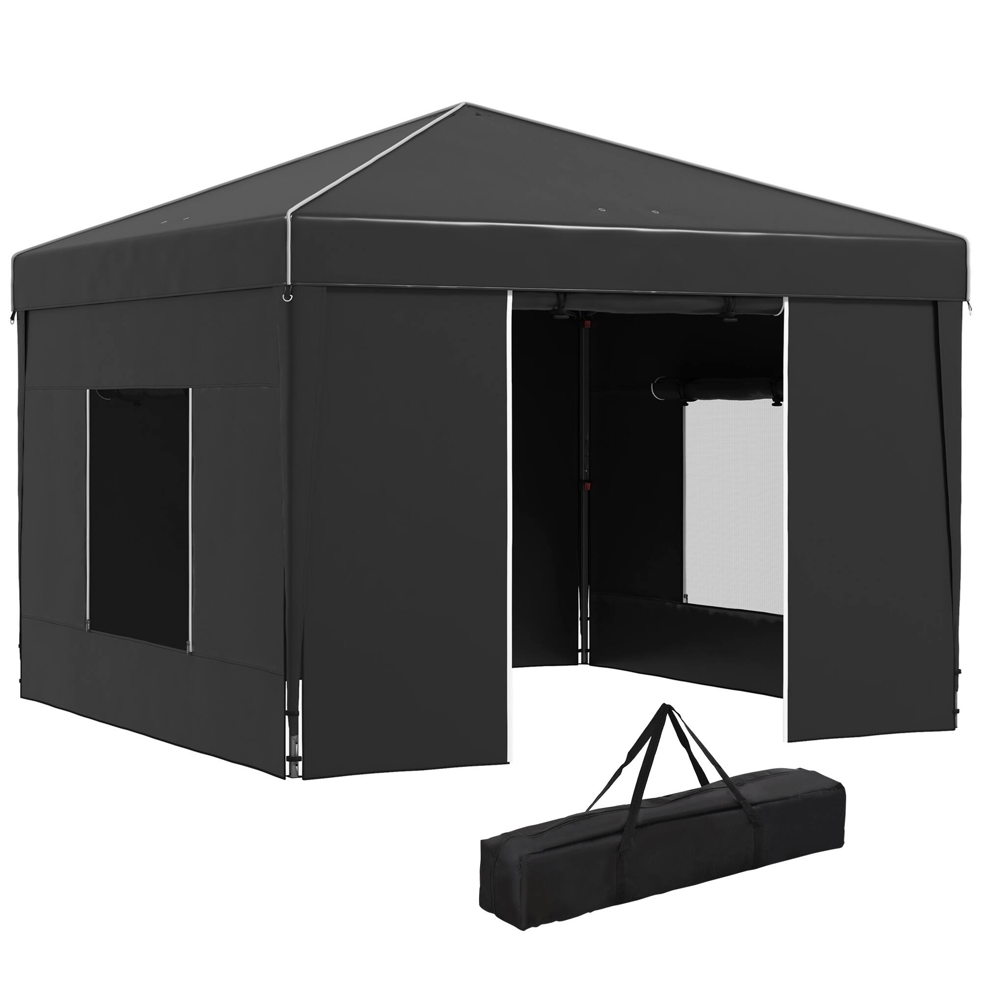 Outsunny - 9.7' x 9.7' Pop Up Canopy with Sidewalls, Portable Canopy Tent with 2 Mesh Windows, Reflective Strips - Black