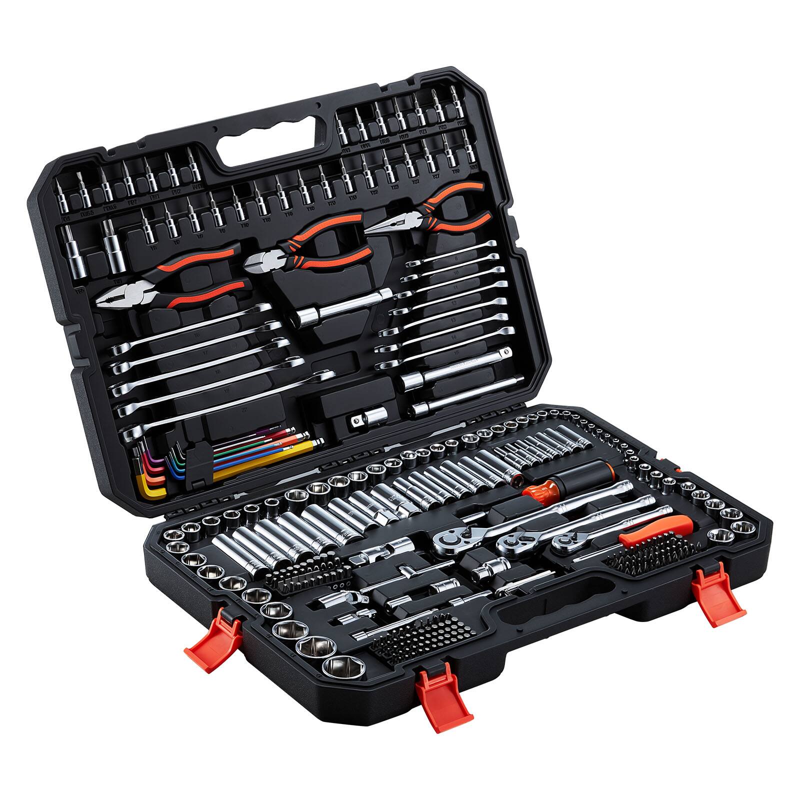 Alt View 5. VEVOR - Mechanics Tool Set, 314-Piece Mechanic Tool Kit, 1/4 in, 3/8 in, and 1/2 in Drive, Metric Socket Set, Wrenches - Black.