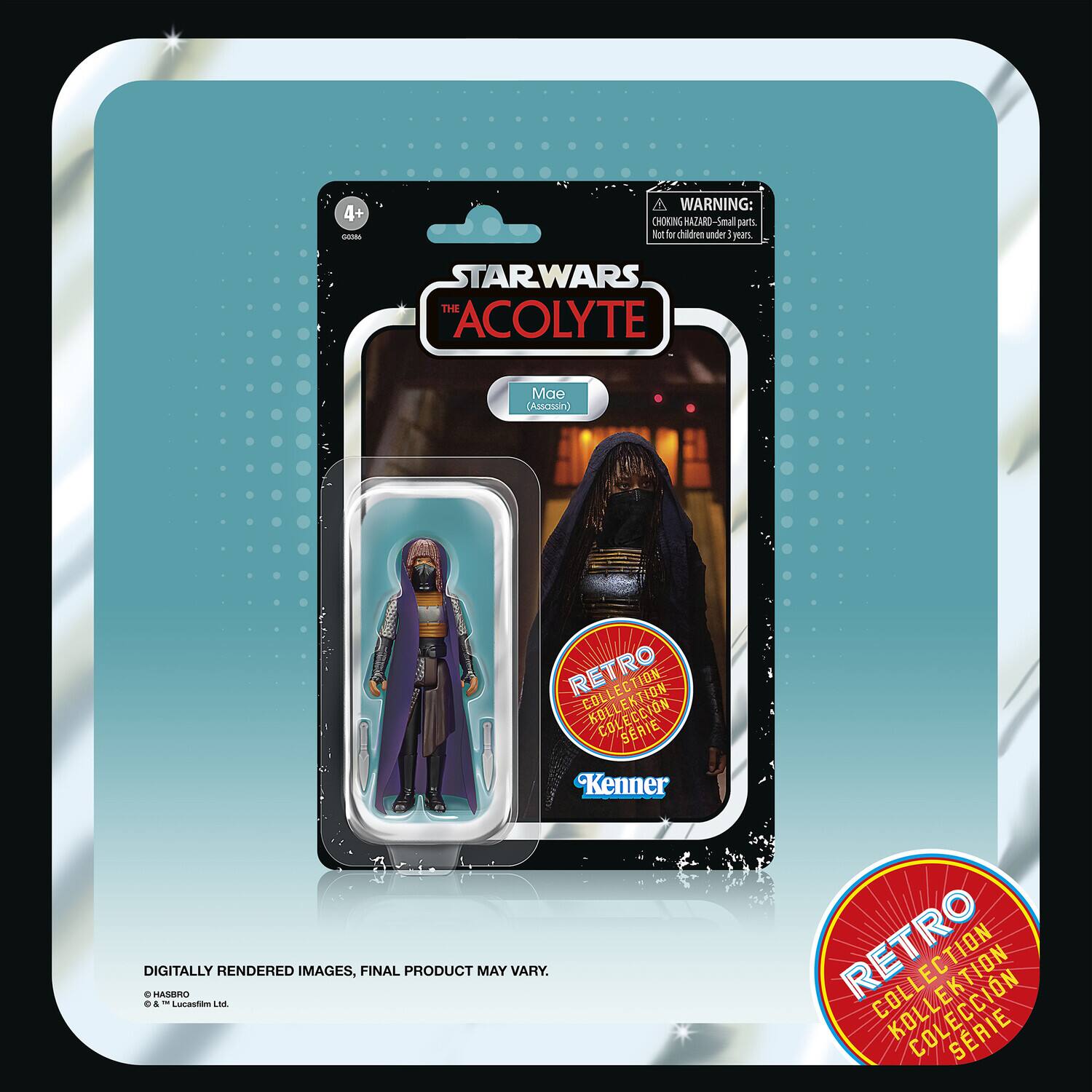 4+ - A WARNING: CHOKING HAZARD Small parts. Not for children under 3 years. STAR WARS THE ACOLYTE Mao (Assassin) RETRO COLLECTION COLLECCIÓN SERIE Kenner DIGITALLY RENDERED IMAGES, FINAL PRODUCT MAY VARY. © HASBRO & ™ Lucasfilm Ltd. A RETRO KOLLEKTION SERIE