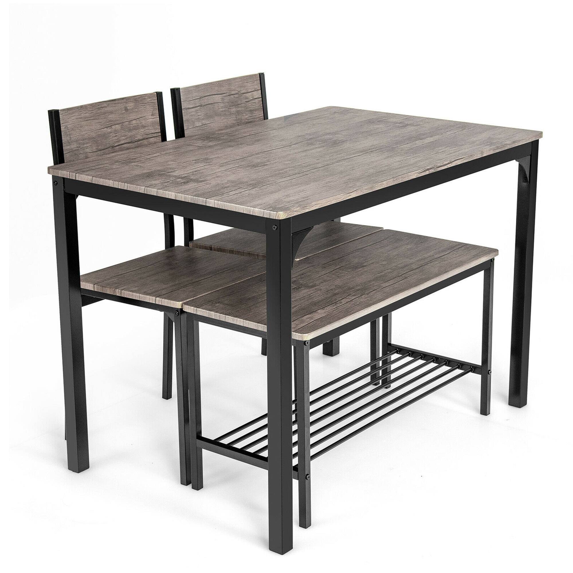 Alt View 4. Gymax - Gymax 4pcs Dining Table Set Rustic Desk 2 Chairs & Bench w/ Storage Rack Grey - Grey.