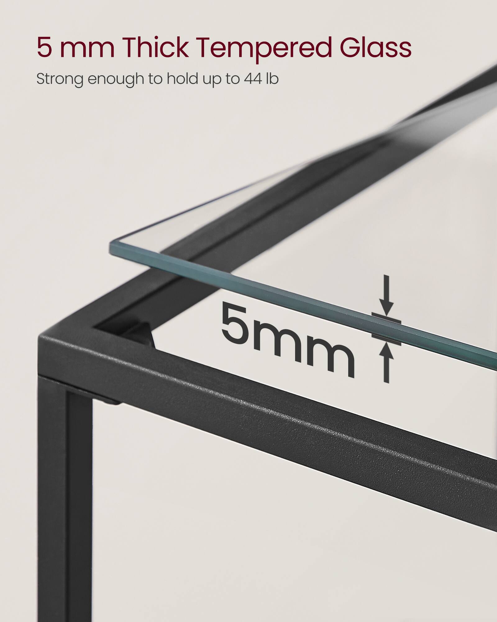 5 mm Thick Tempered Glass  
Strong enough to hold up to 44 lb
