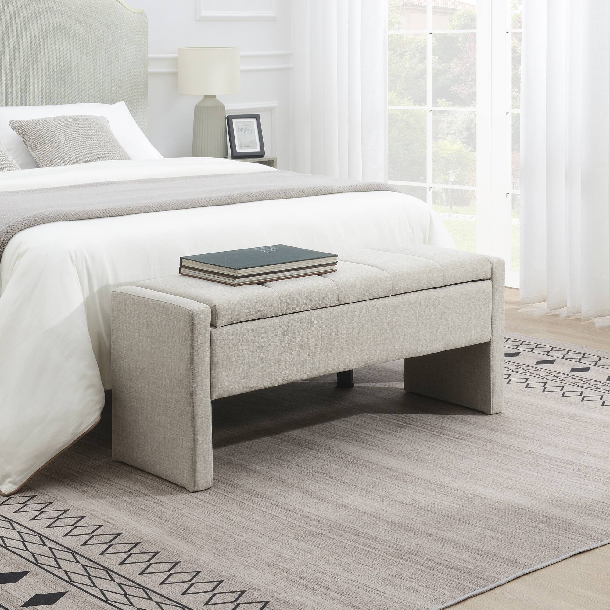 Angle. GOODSILO - Upholstered Storage Bench with Comfortable Linen Fabric, Multi-Functional Footrest Ottoman for Living Spaces - LIGHT GREY.