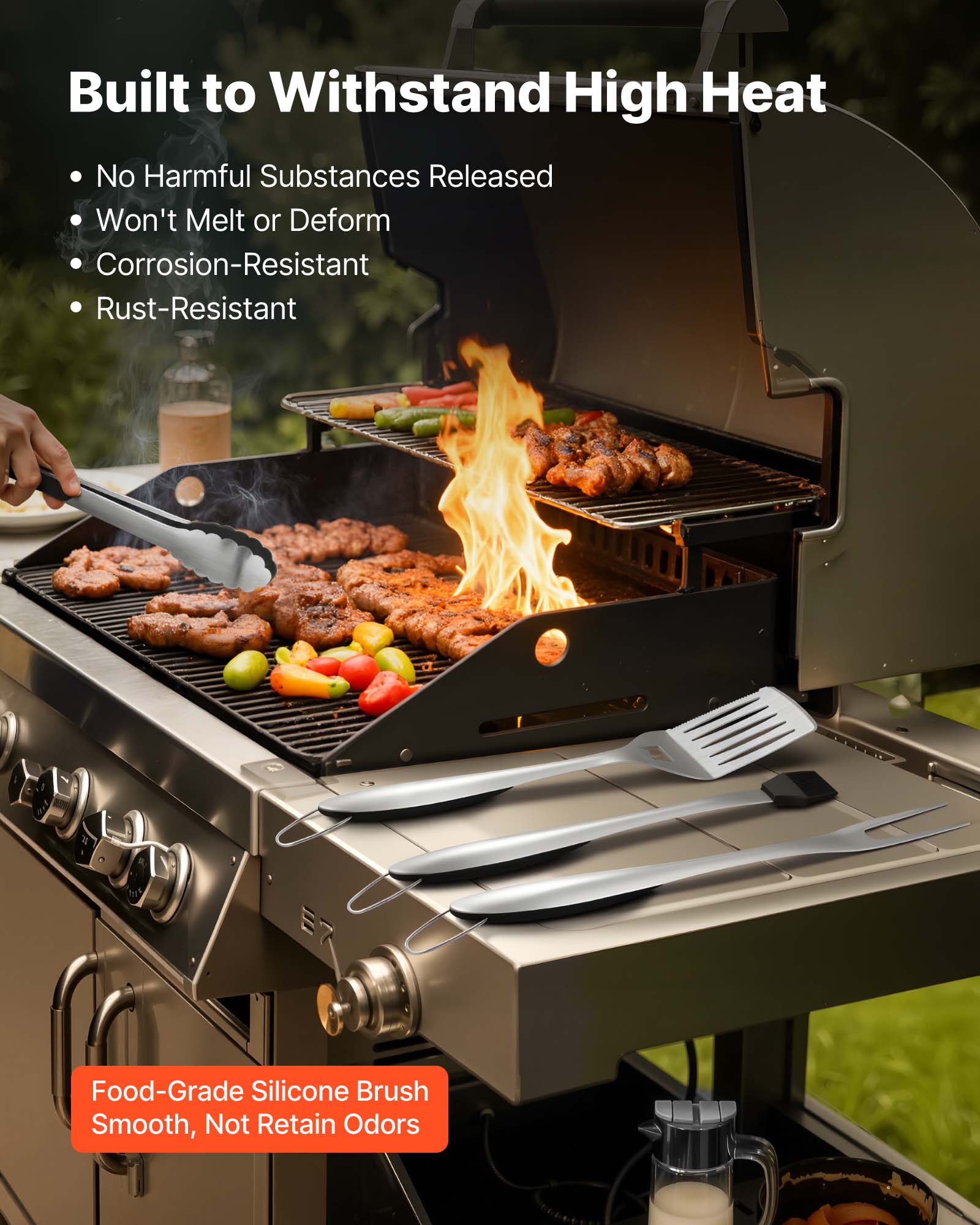 Built to Withstand High Heat

- No Harmful Substances Released
- Won't Melt or Deform
- Corrosion-Resistant
- Rust-Resistant

Food-Grade Silicone Brush
Smooth, Not Retain Odors