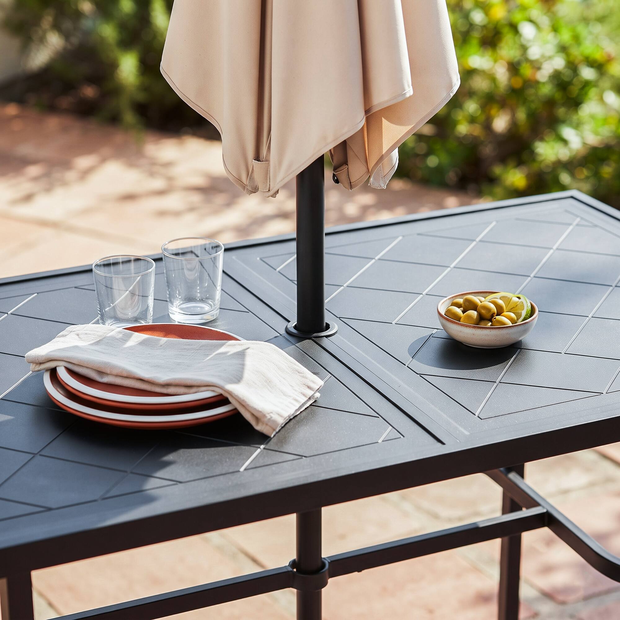Back. Nuu Garden - Metal Rectangular Outdoor Bar Table with Diamond-Patterned Tabletop - Black.