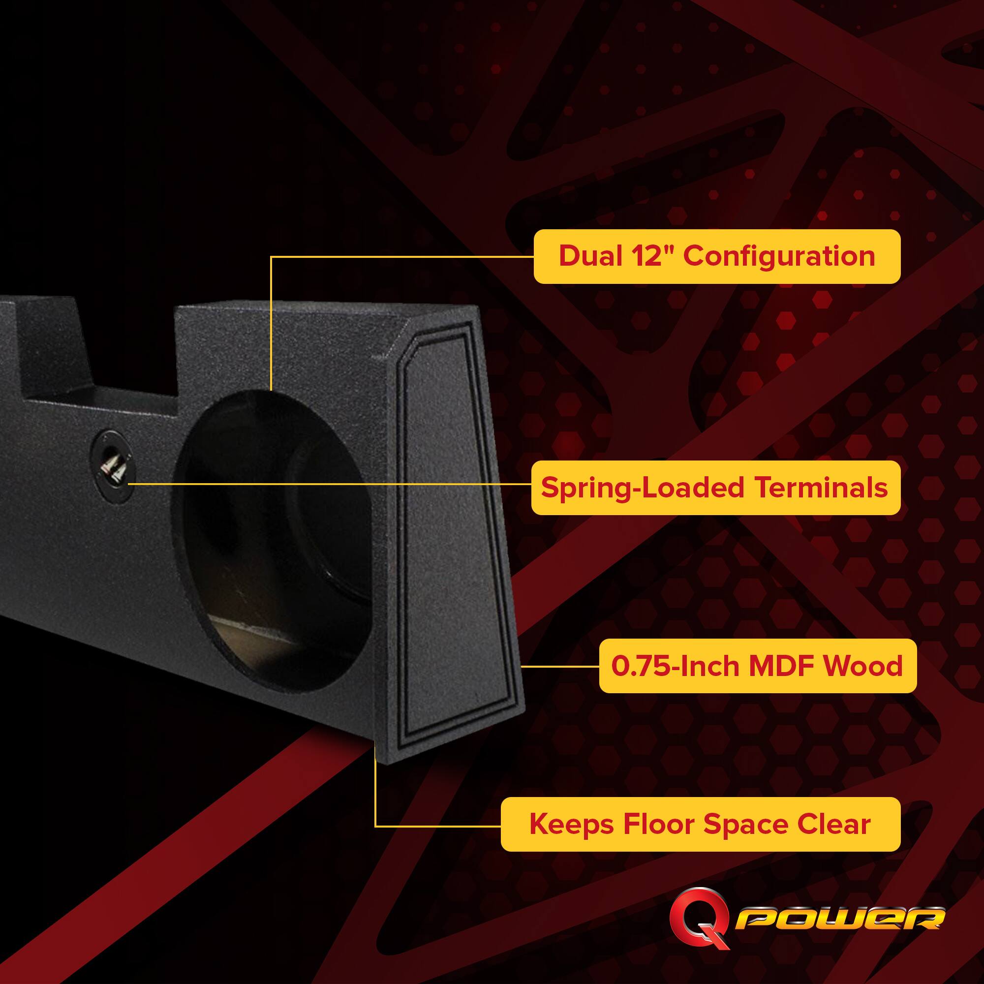 Dual 12" Configuration  
Spring-Loaded Terminals  
0.75-Inch MDF Wood  
Keeps Floor Space Clear  
Q POWER