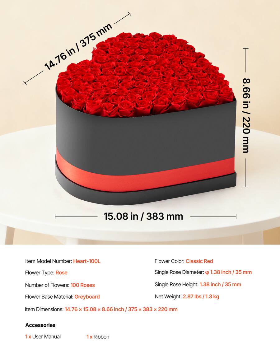 Dimens Roses VEVOR Forever Flowers, 100 Preserved Roses in a Heart Shape Box ...