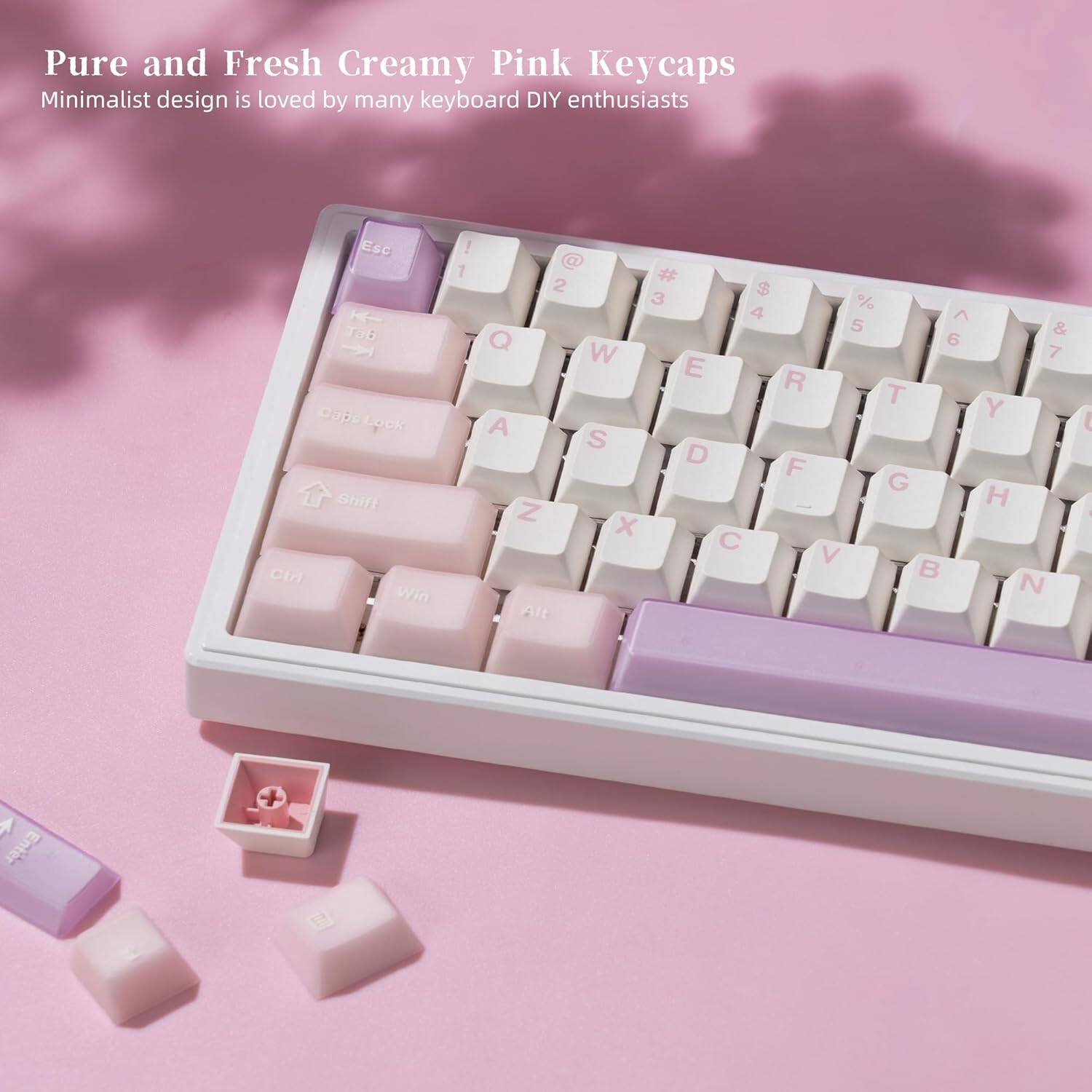Pure and Fresh Creamy Pink Keycaps  
Minimalist design is loved by many keyboard DIY enthusiasts  

Esc TOU Cups Lock Shift Ctri Win ! 1 2 Q A Z Alt # $ 3 % 4 ^ S & 6 W 7 E R T Y S D F G H x C V B N - Enter