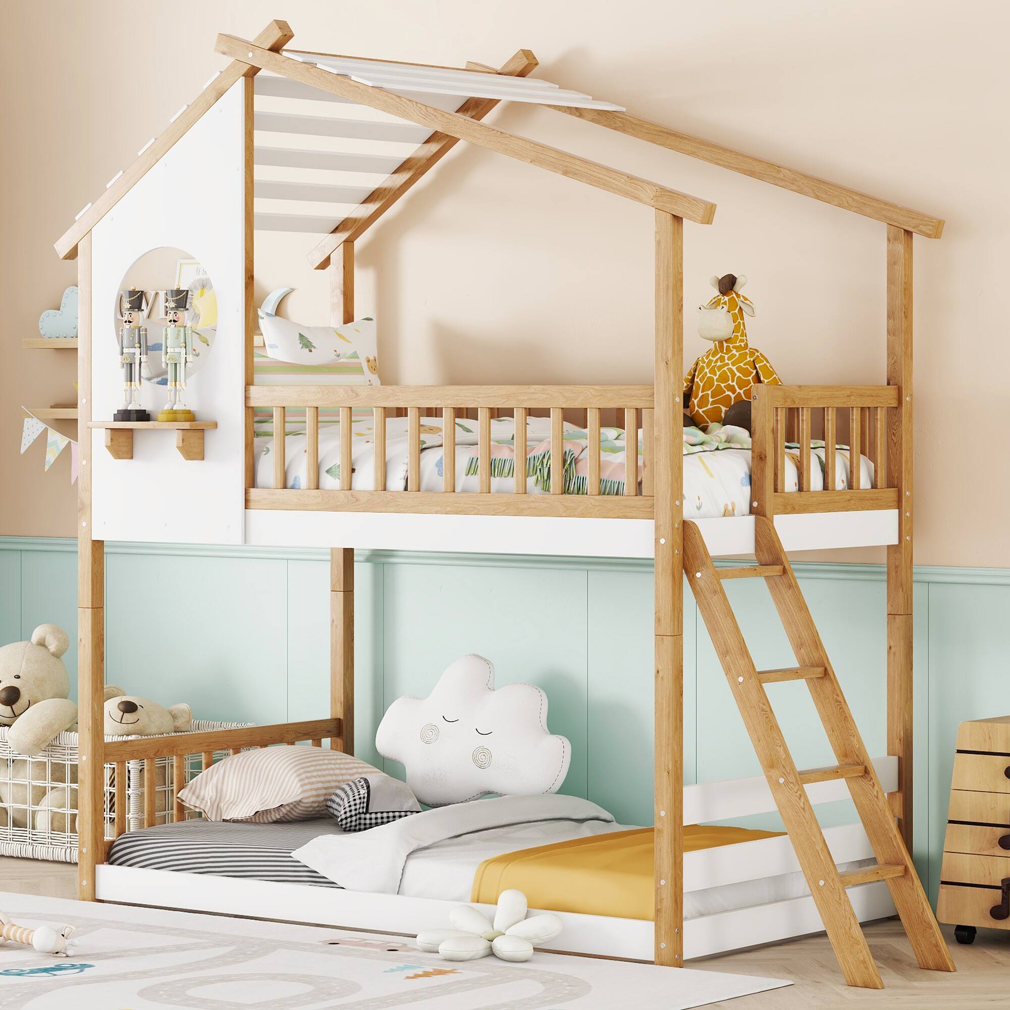 Aukfa - Twin Over Twin Bunk Bed Wood Bed with Roof, Window, Ladder - White