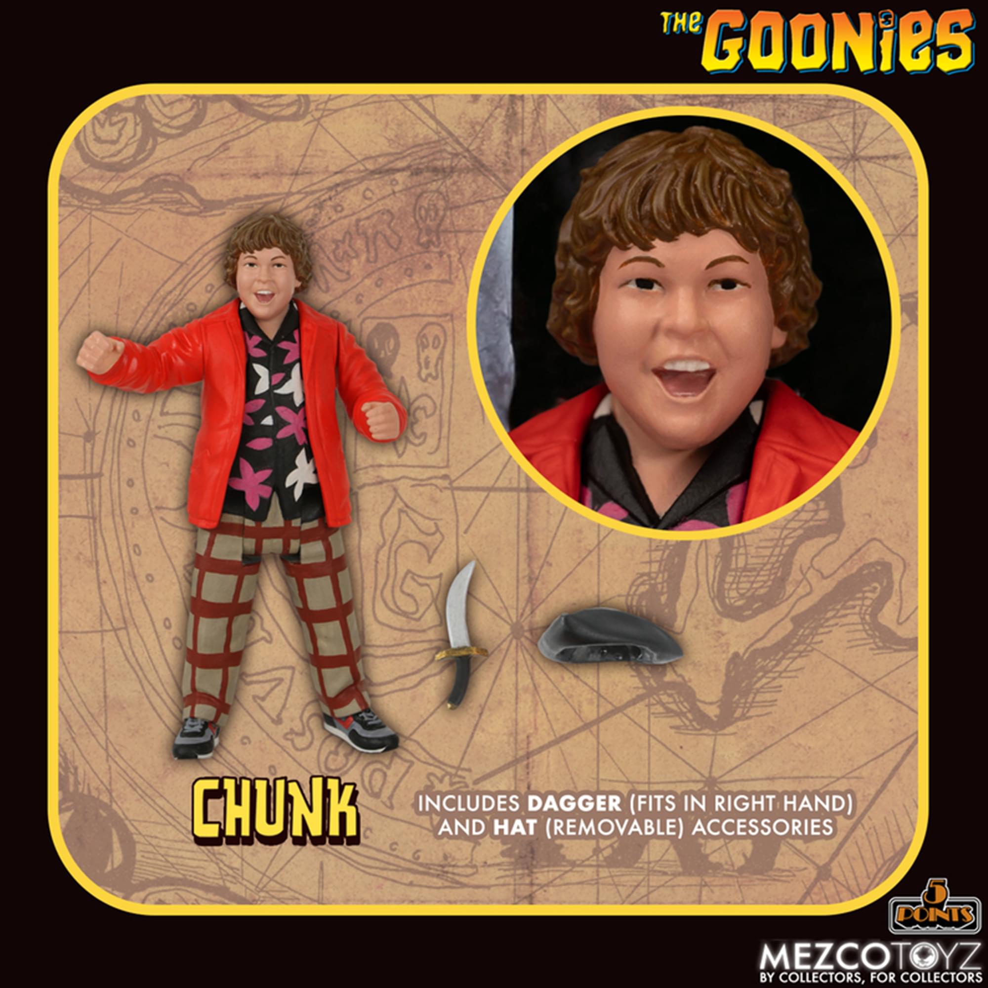 The Goonies: Chunk includes dagger (fits in right hand) and hat (removable) accessories. 0 points. MezcoToyz by collectors, for collectors.