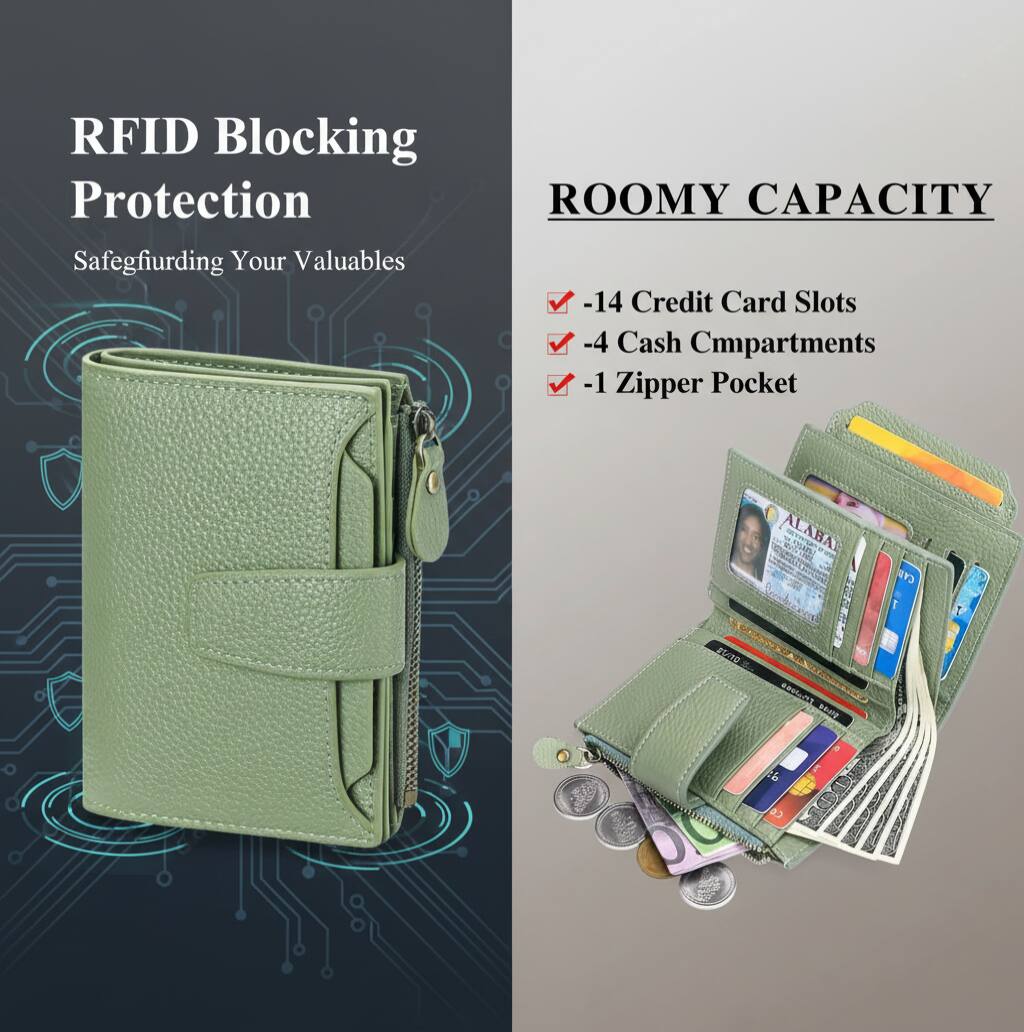 RFID Blocking Protection  
Safeguarding Your Valuables  

ROOMY CAPACITY  
- 14 Credit Card Slots  
- 4 Cash Compartments  
- 1 Zipper Pocket