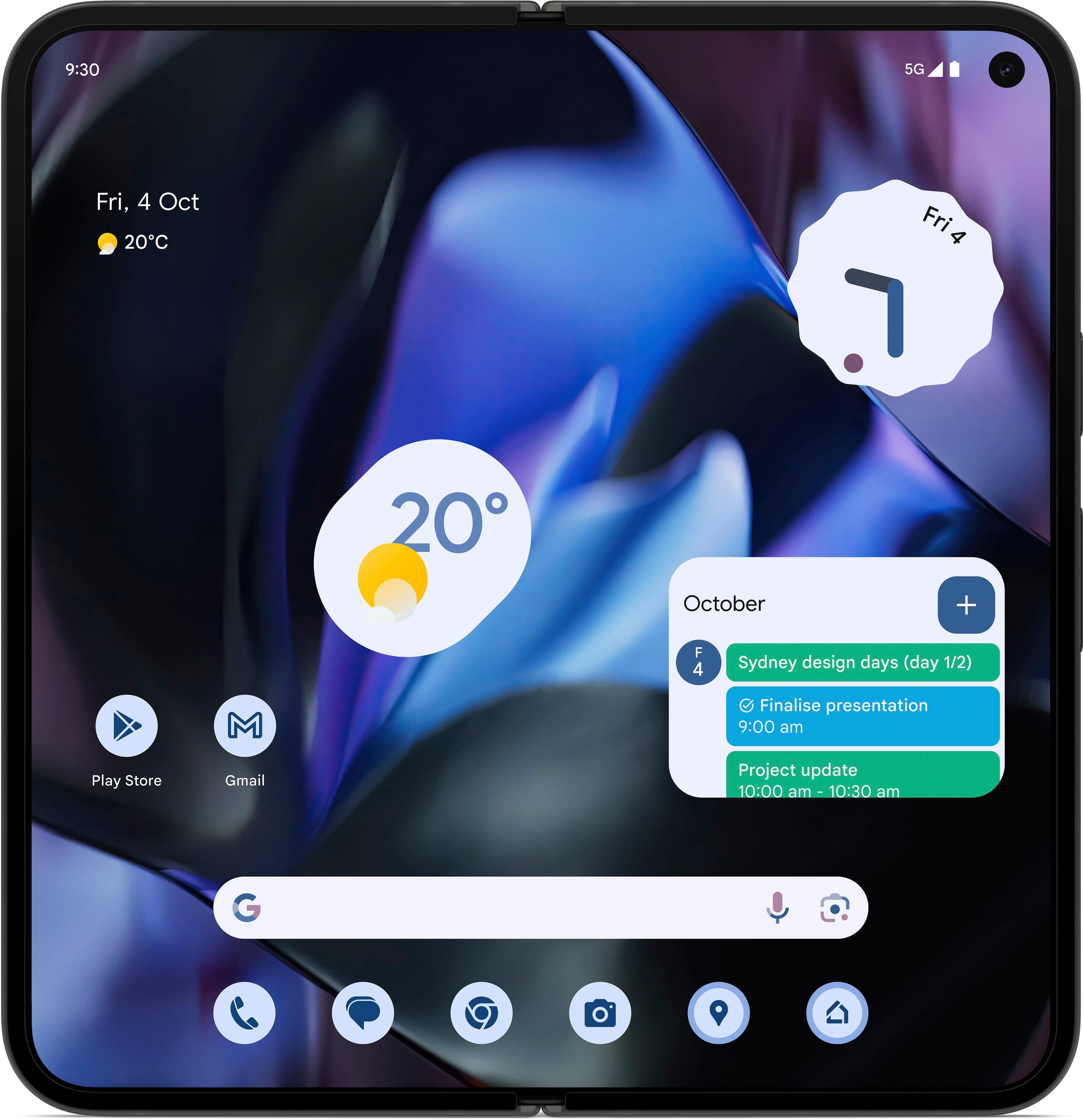 The text on the image reads:
"9:30 5G Fri, 4 Oct 20C Fri 4 Oct 20 October + F 4 Sydney design days (day 1/2) Finalise presentation 9:00 am Play Store Gmail Project update 10:00 am 10:30 am G"
The corrected text would be:
"9:30 5G Fri, 4 Oct 20C Fri 4 Oct 20 October + F 4 Sydney design days (day 1/2) Finalise presentation 9:00 am Play Store Gmail Project update 10:00 am 10:30 am G"
The text is already correctly grouped and formatted.
