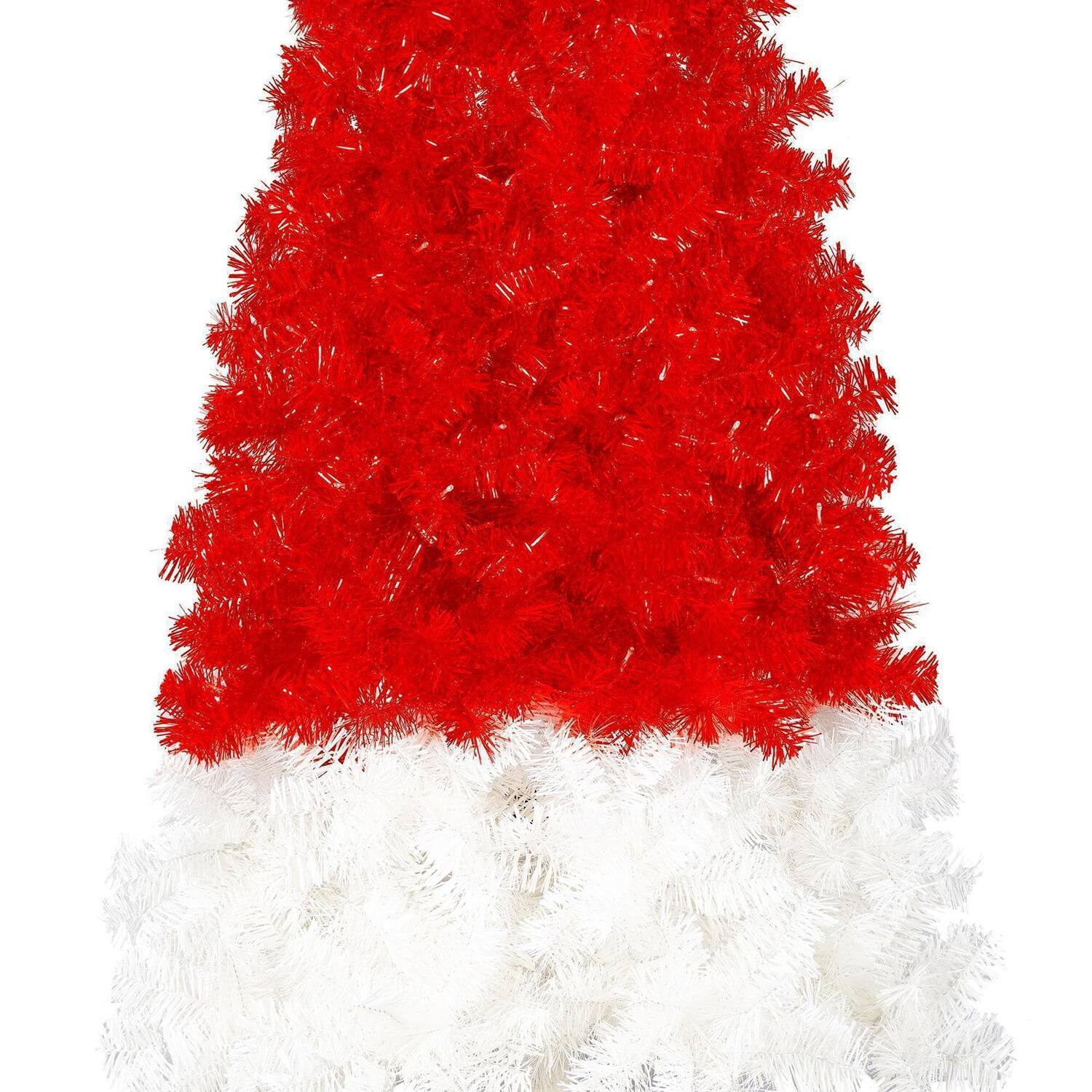 Left. Pefilos - 6ft Artificial Christmas Tree with LED Lights & 1050 Tips, Curved Xmas Tree with Santa Hat Shape for Festive Holiday - Red.