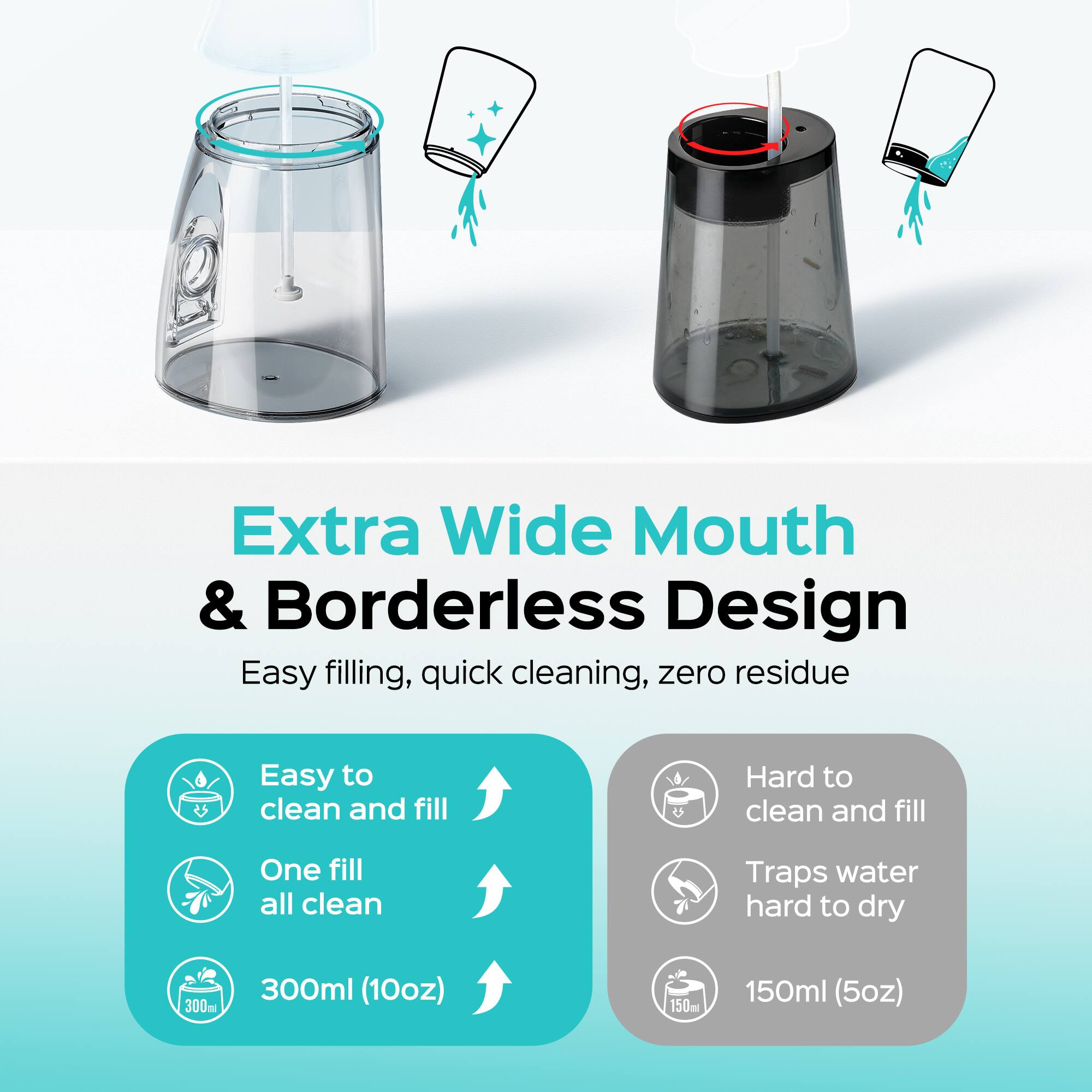 Extra Wide Mouth & Borderless Design  
Easy filling, quick cleaning, zero residue  
Easy to clean and fill  
One fill all clean  
Traps water hard to dry  
300ml (10oz)  
150ml (5oz)
