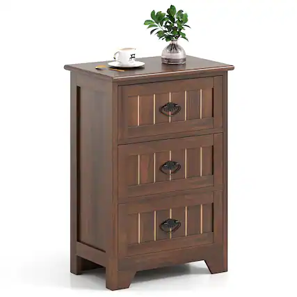 Front. Gymax - Gymax 3 Drawers End Table Nightstand Bedroom Storage Wood Slide Brown - Brown.