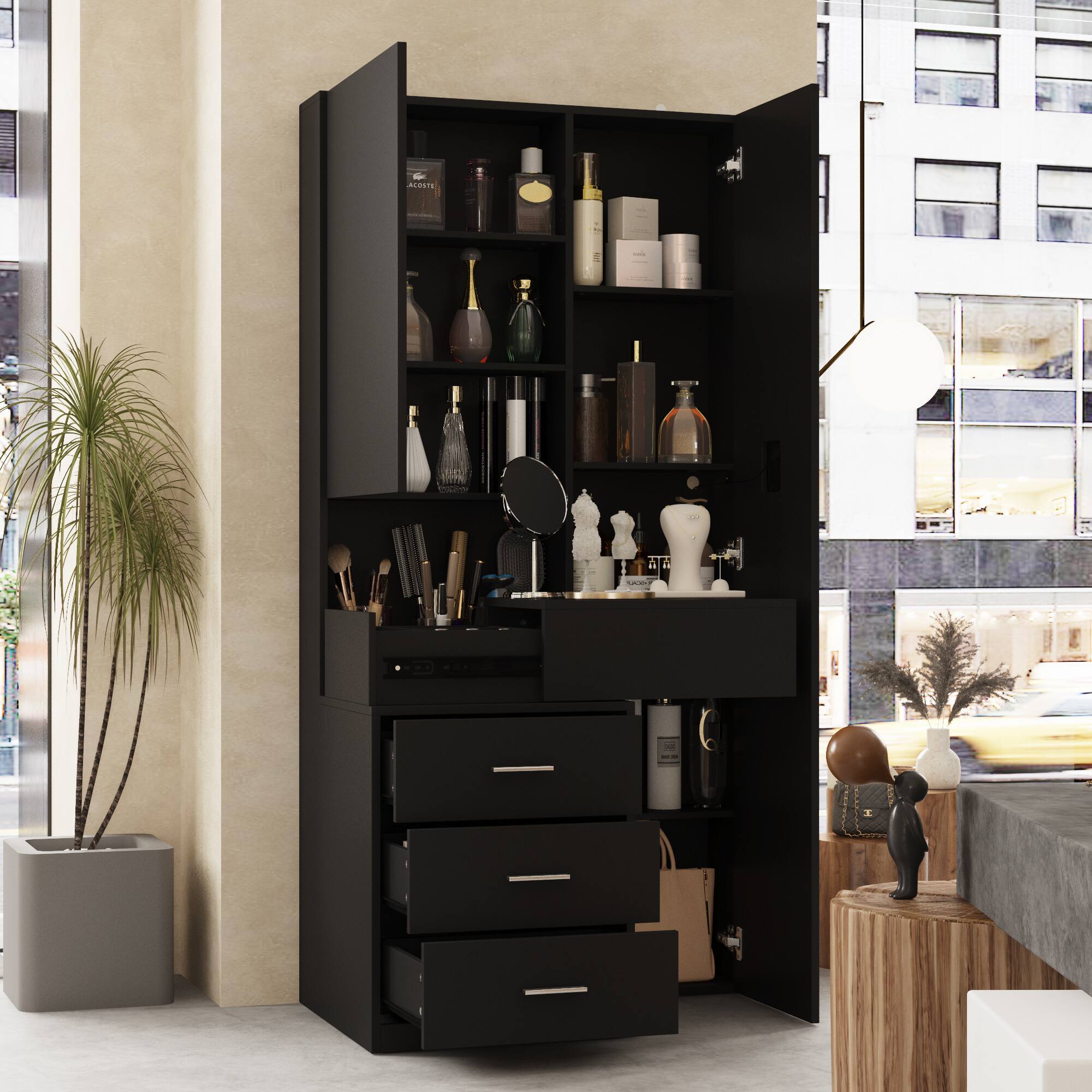 Angle. Famapy - Black Vanity with LED Full-Length Mirror, Sliding Top Storage & Drawers, Modern Makeup Organizer for Bedroom - Black.