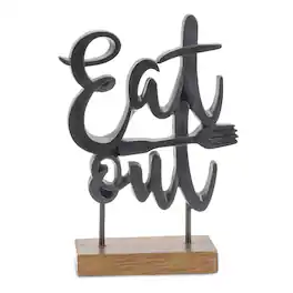 BreeBe - Eat Out Kitchen Sentiment Sign with Wood Base 8.75"H - Black, Brown