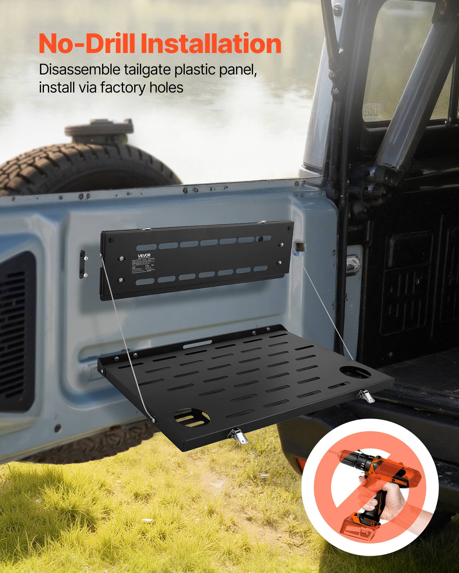 No-Drill Installation  
Disassemble tailgate plastic panel, install via factory holes