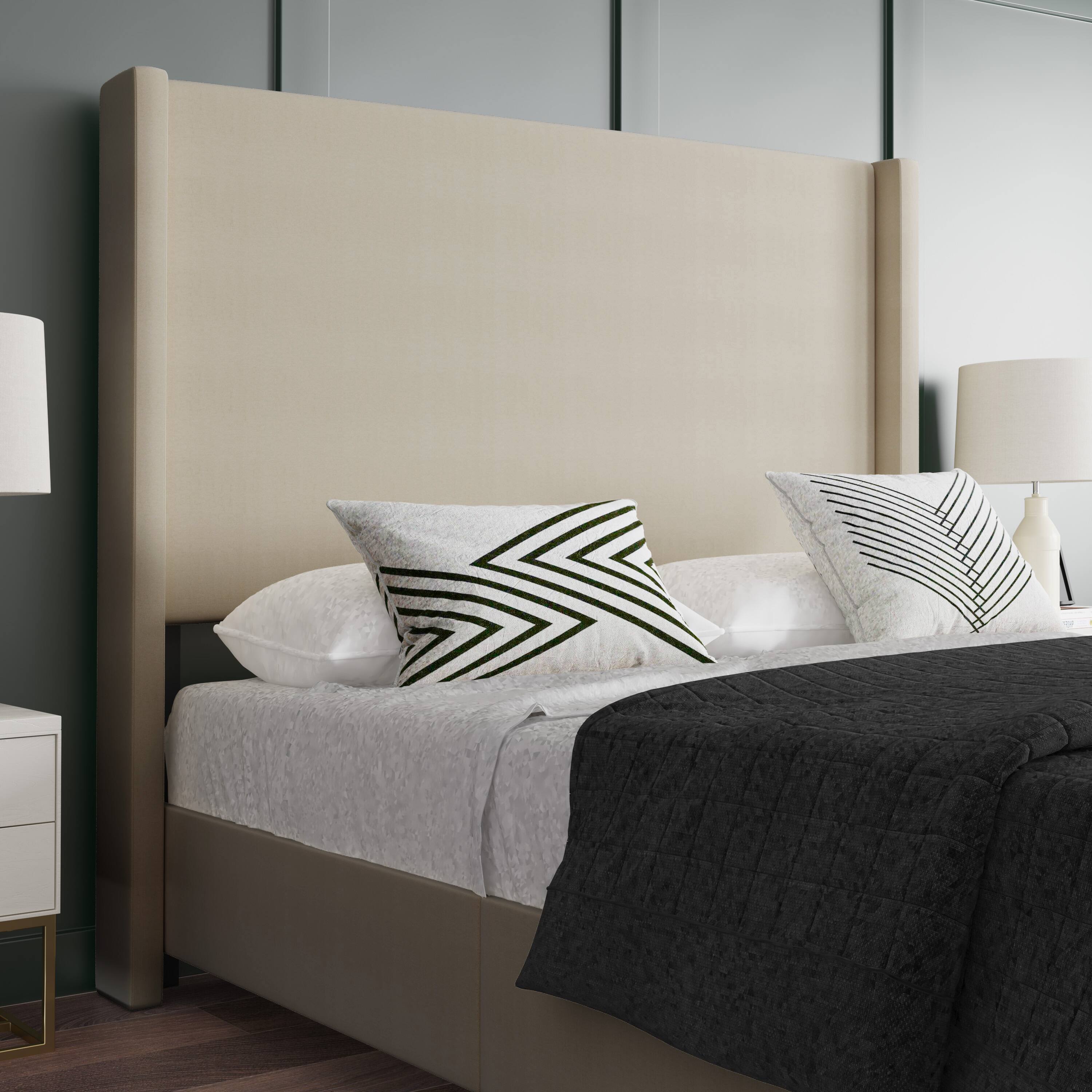 Alt View 4. Emma + Oliver - Nora upholstered Platform Bed with Plush Padded Wingback Headboard and Wood Support Slats - No Box Spring Needed - Beige.