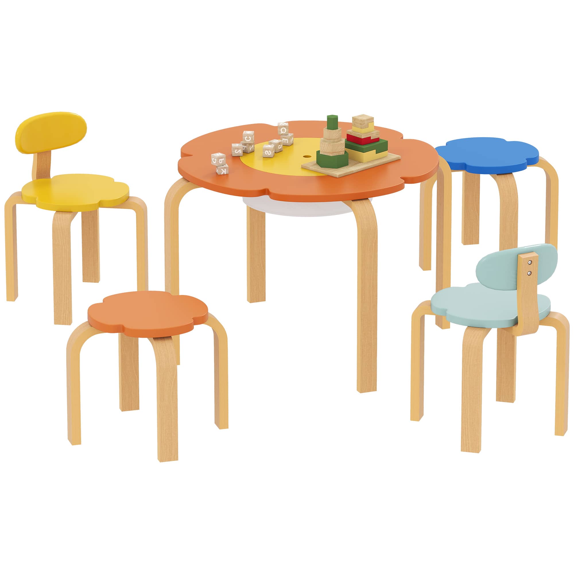 Qaba - Kids Table and 4 Chairs Set, 5 Piece Wooden Set w/Built-in Storage, Flower-Shape Table, for Drawing, Playroom, Nursery - multi-coloured