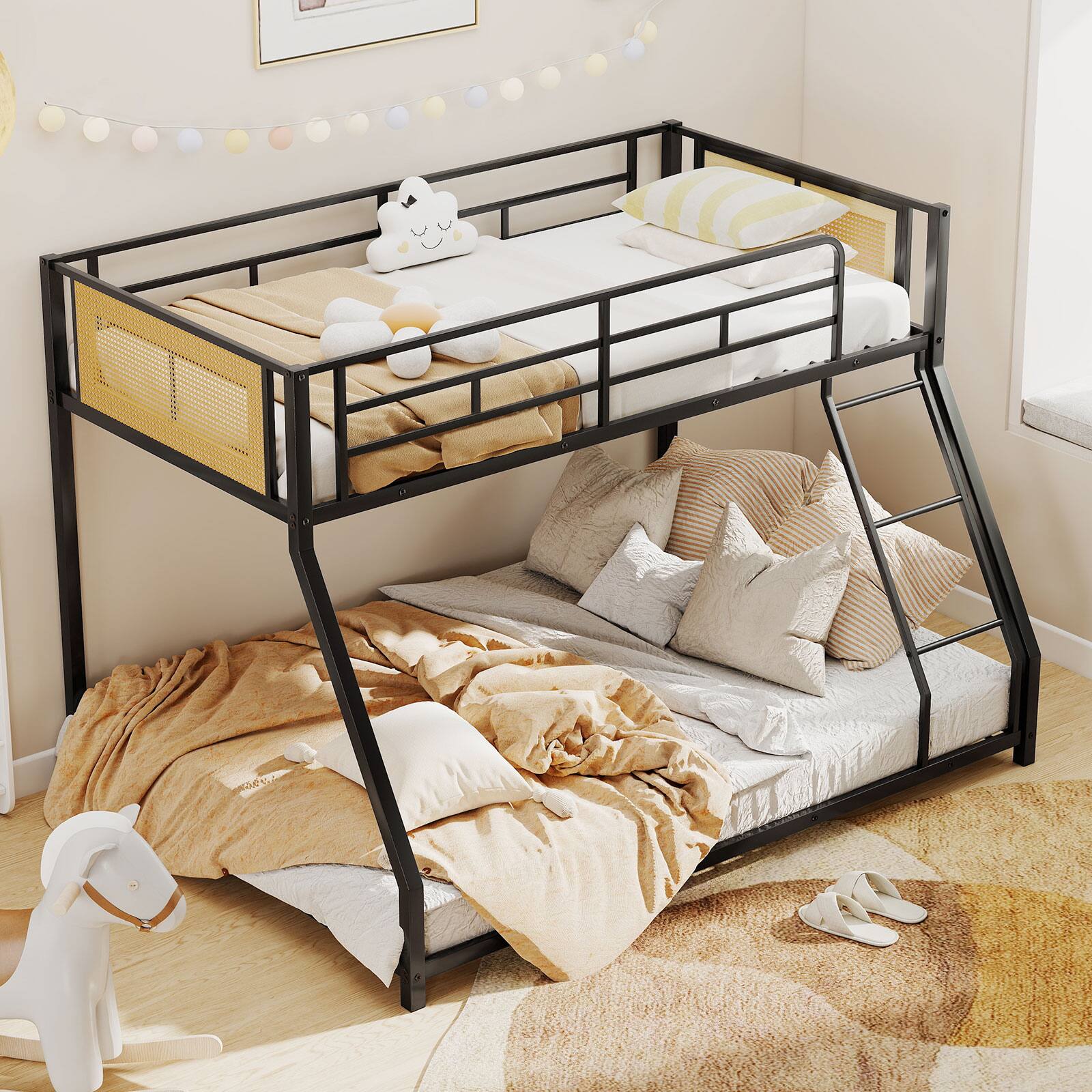 Alt View 4. Gymax - Gymax Metal Bunk Bed Twin Over Full Low Profile Bunkbeds w/ Full Length Safety Guardrail Black - Black.