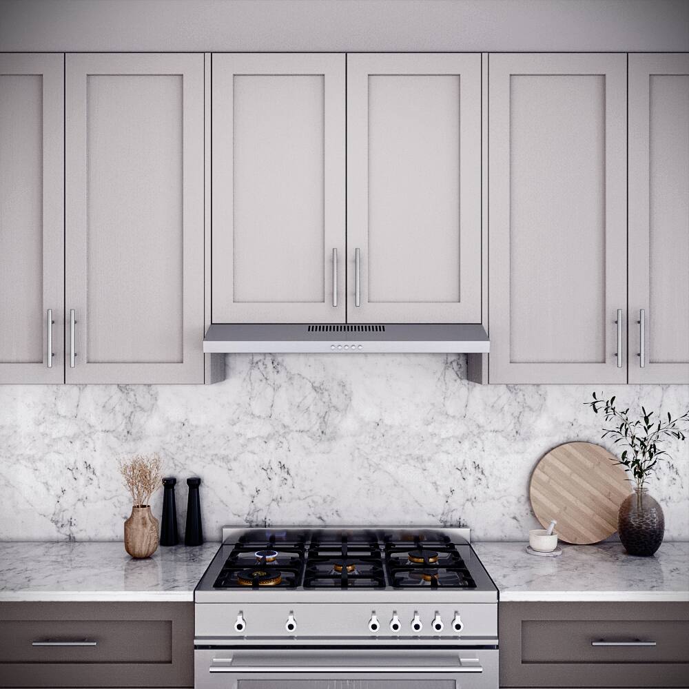 Left. Streamline - 36 in. Lagundo Ducted Undermount 80 CFM Range Hood, Mesh Filters, Push Button Control, LED Light - Brushed Stainless Steel.