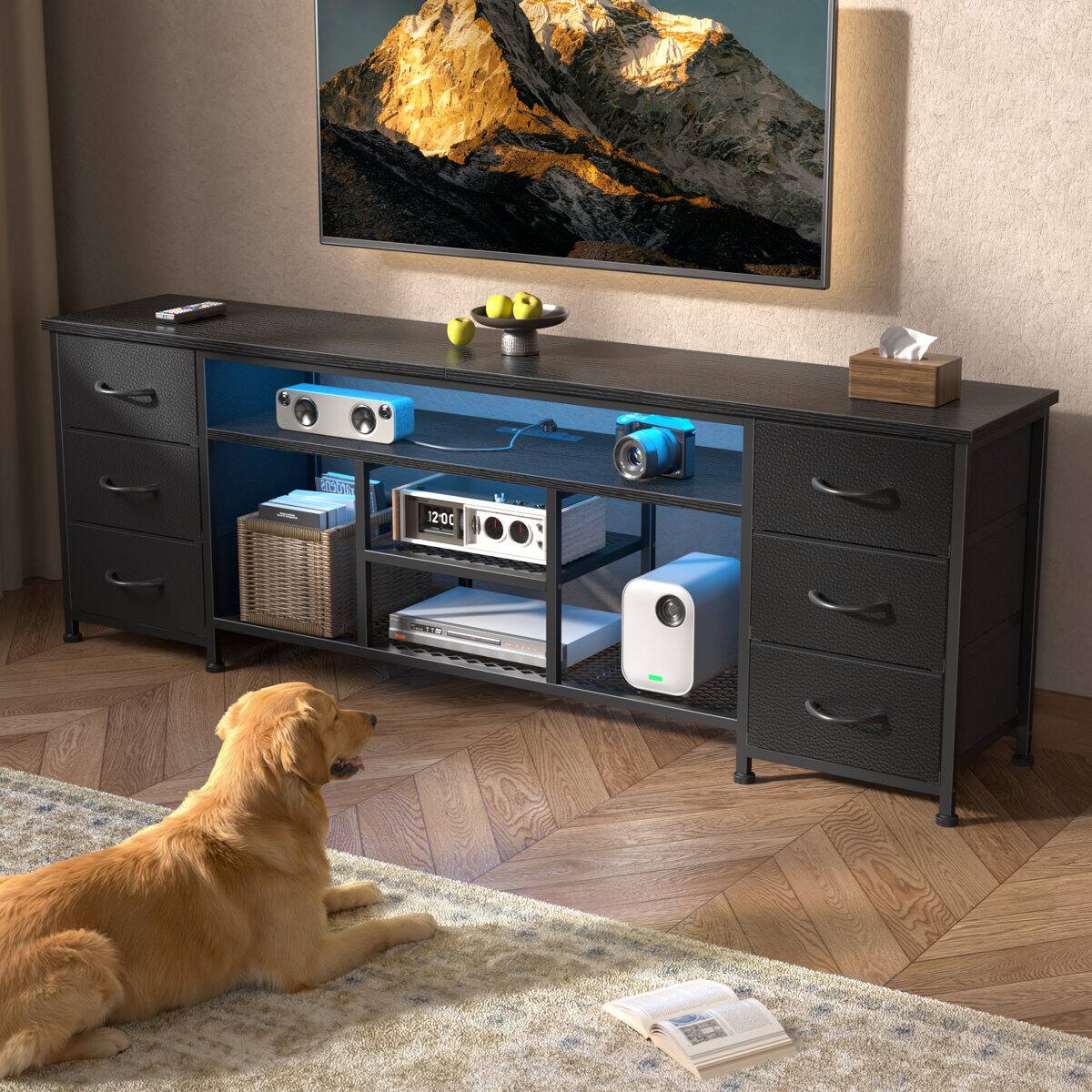 Left. Furnulem - 63 In Modern LED TV Stand with Power Outlets  6 Drawer Entertainment Center Media Console with Storage for Living Room - Black.