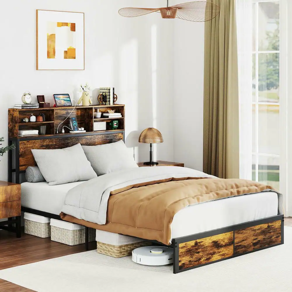 Alt View 2. Kadyn - Industrial Metal Platform Bed with Storage Headboard, Available in Twin, Full, Queen and King Sizes with Storage Shelves - Brown.