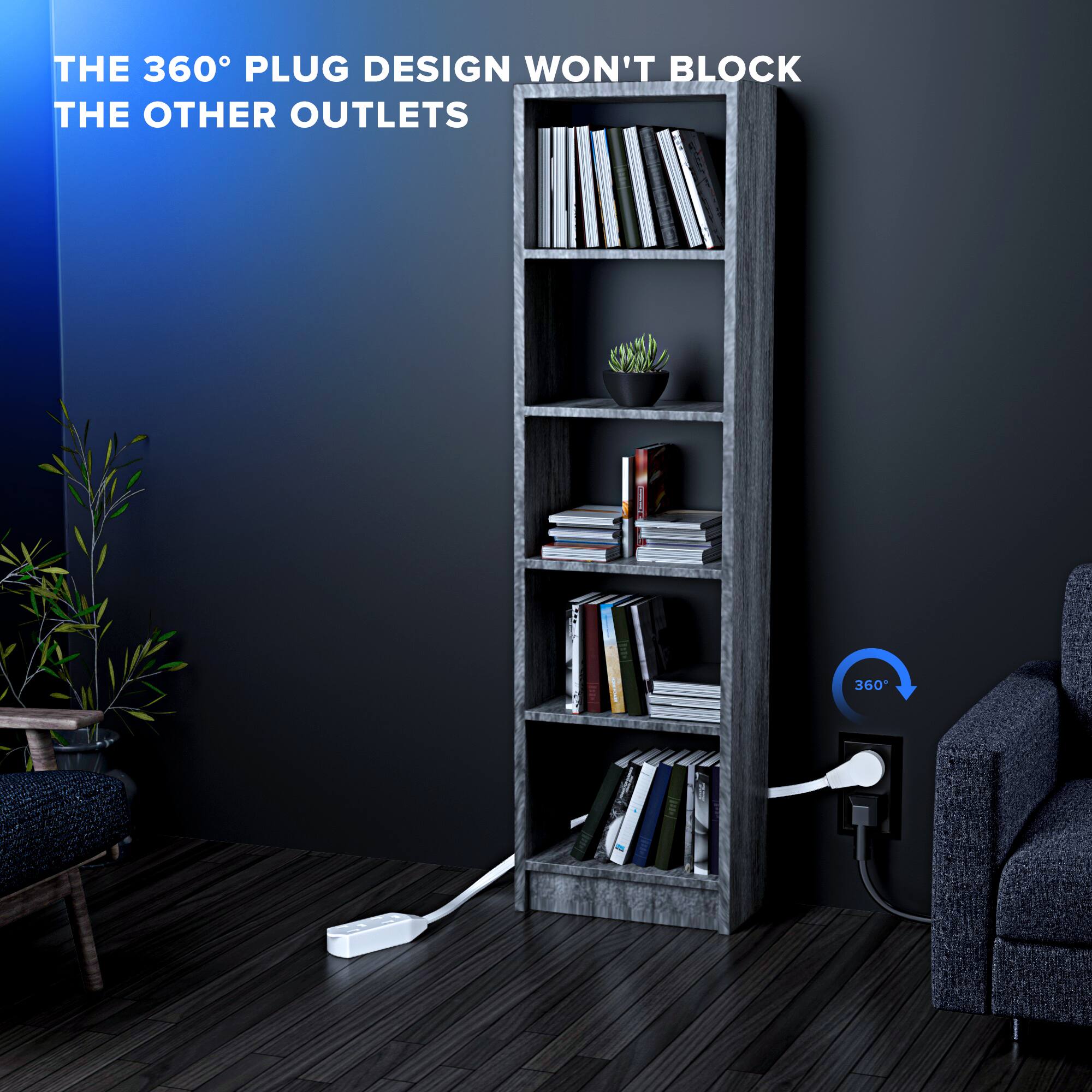 THE 360° PLUG DESIGN WON'T BLOCK THE OTHER OUTLETS ! 360°
