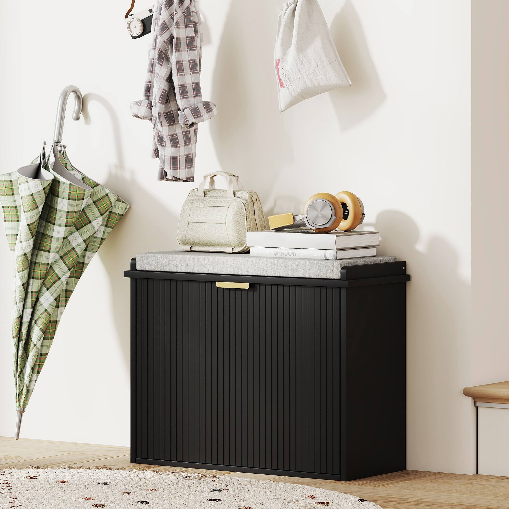Alt View 1. Homcom - Storage Bench with Padded Seat Cushion and Flip-Drawer, Entryway Bench, Shoe Cabinet - Black.