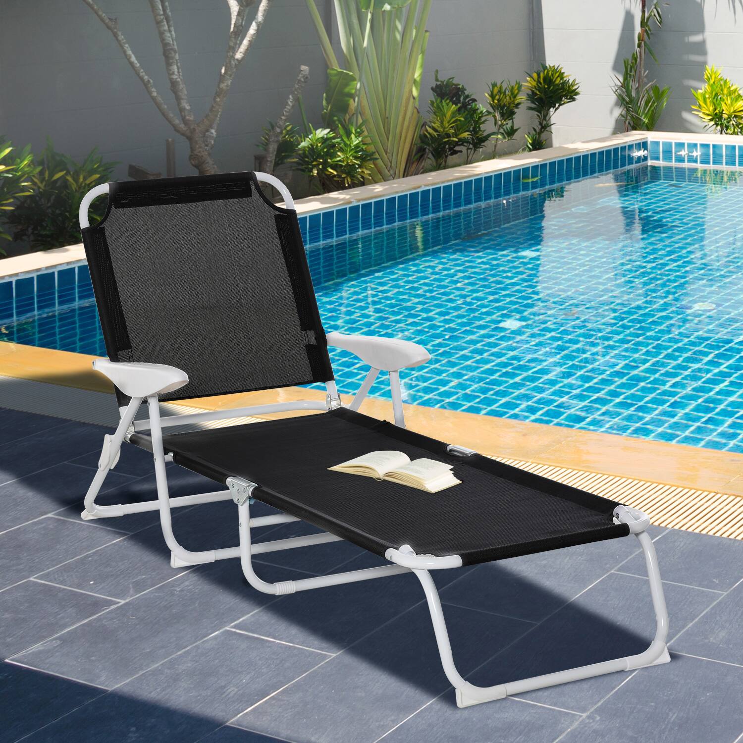 Alt View 1. Outsunny - Folding Lounge Chair, Portable Outdoor Chaise Lounge, Sun Tanning Chair with 4-Position Reclining Back, Armrests - Black.