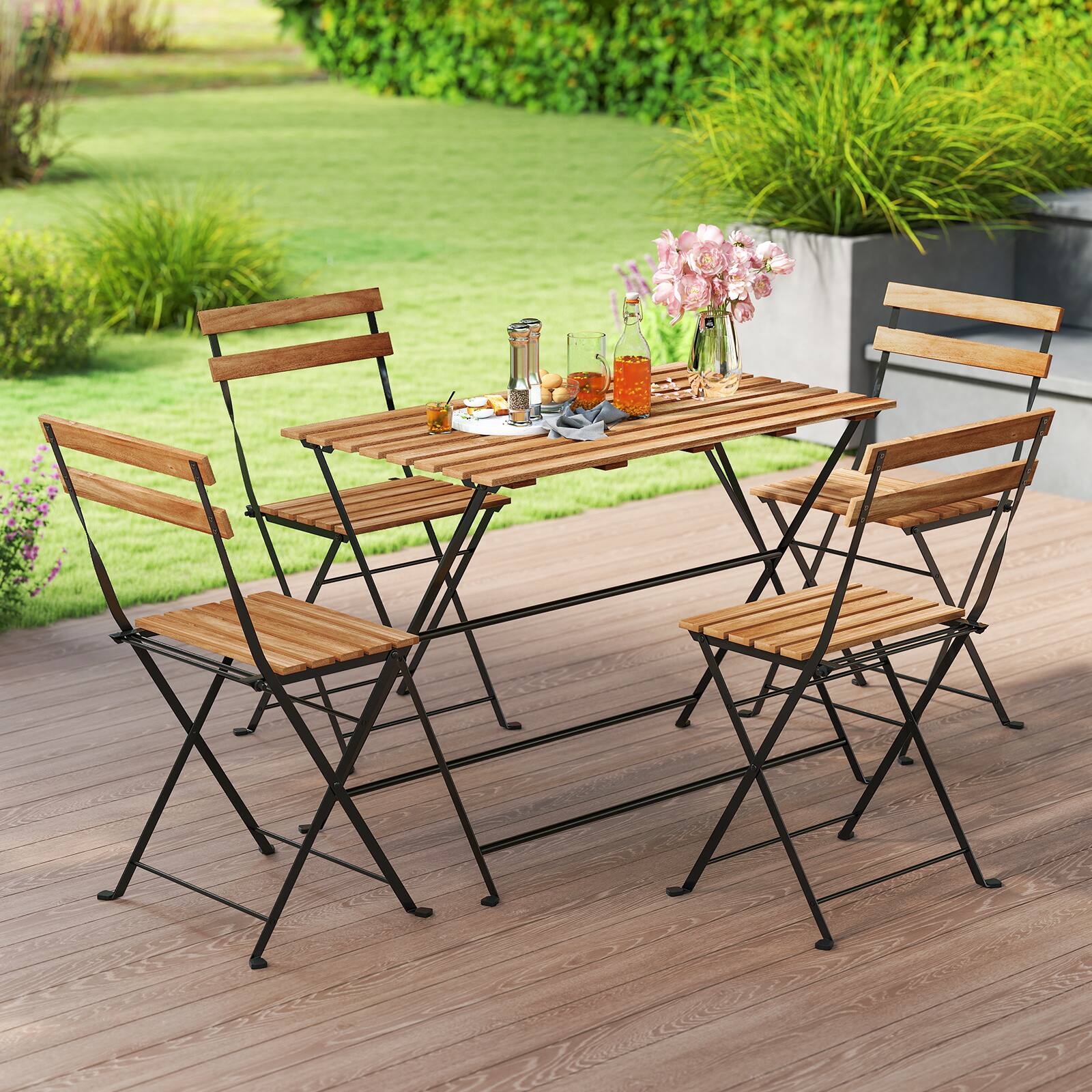 Gymax - 5 PCS Patio Acacia Wood Dining Set w/ 4 Folding Chairs Slatted Seat & Tabletop - Black, Brown price history on PriceWatchPro