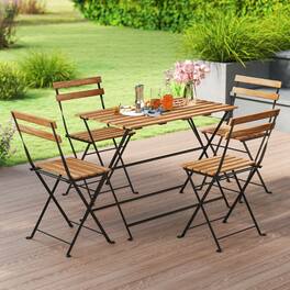 Gymax - 5 PCS Patio Acacia Wood Dining Set w/ 4 Folding Chairs Slatted Seat & Tabletop - Black, Brown